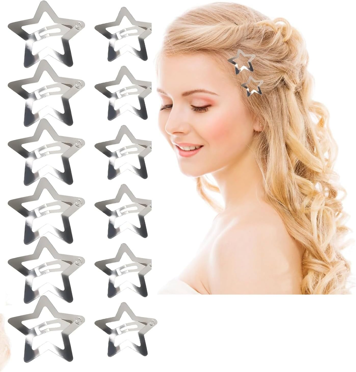 A Set of 12 Star Hair Clips Silver 2 Sizes Y2K Suitable for Women and Girls Hair Accessories Anti-Slip image number 1