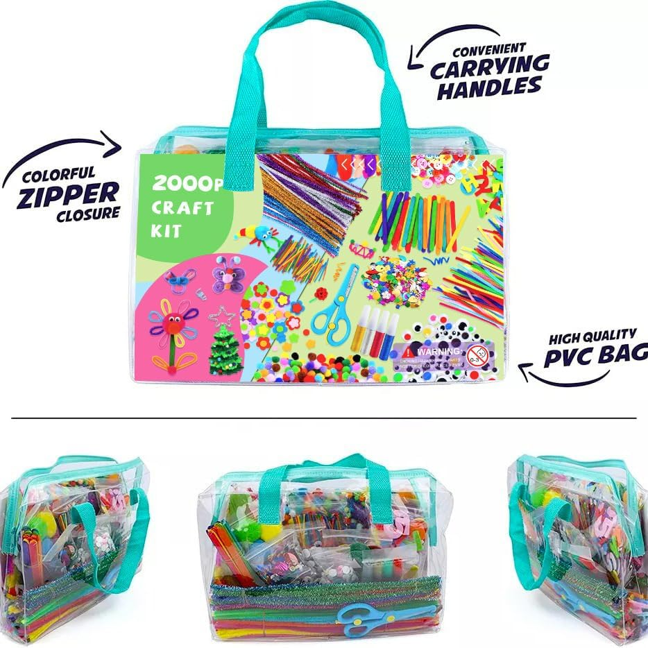 2000Pcs Arts and Crafts Supplies for Kids 6+ &ndash; DIY Projects Case Filled with Pom Pom Box Craft Kit Library, Beads, Buttons, Scissors, and Pipe Cleaners with Easy Instructions image number 1