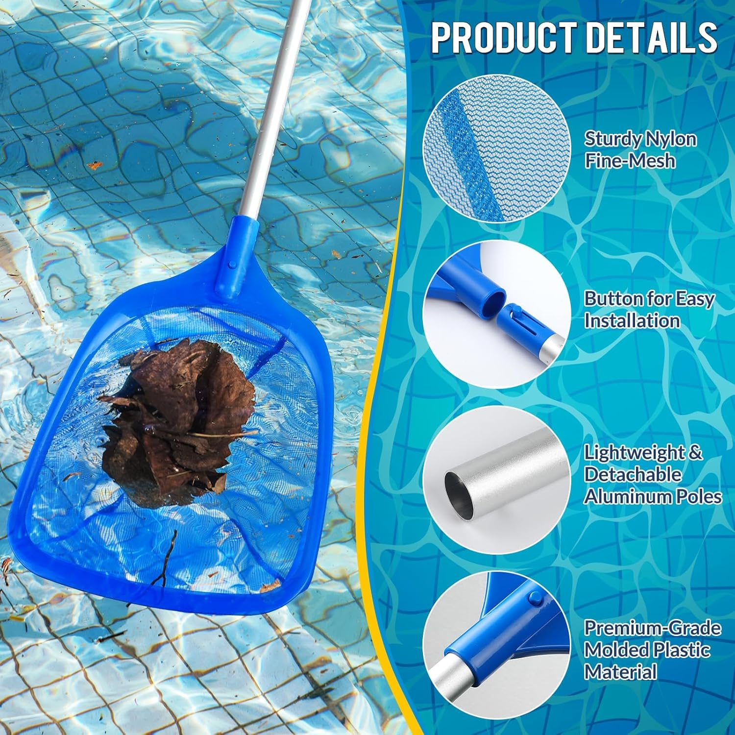 Pool Skimmer Net Deep Pool Leaf Net with Reinforced Frame Large Capacity Rake for Cleaning, Debris Pickup Removal image number 2