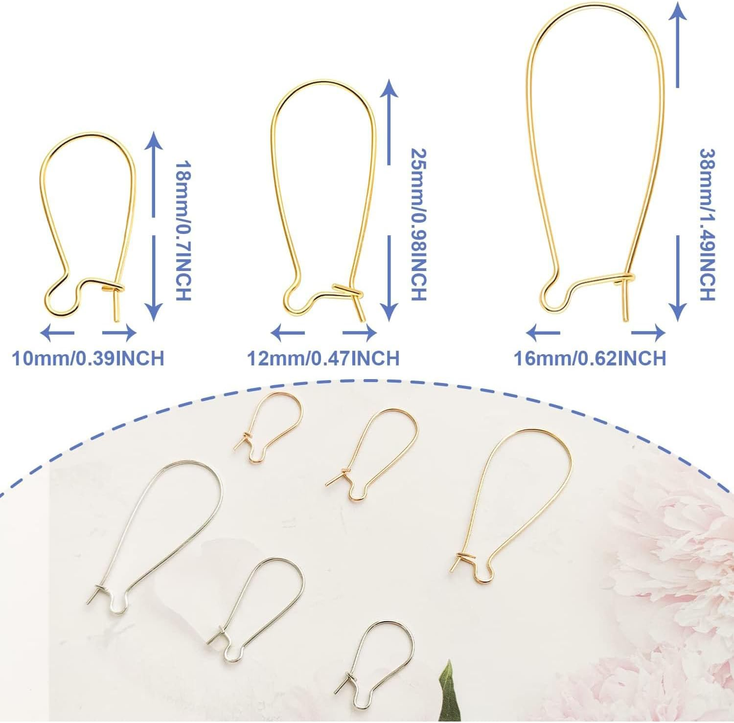 Songholee 300Pcs Earring Hooks Stainless Steel Kidney Ear Wires Interchangeable Dangle Earwire Hooks Gold Silver Mixed Sizes Earring Findings Parts for DIY Jewelry Making，For DIY Jewelry Making image number 4