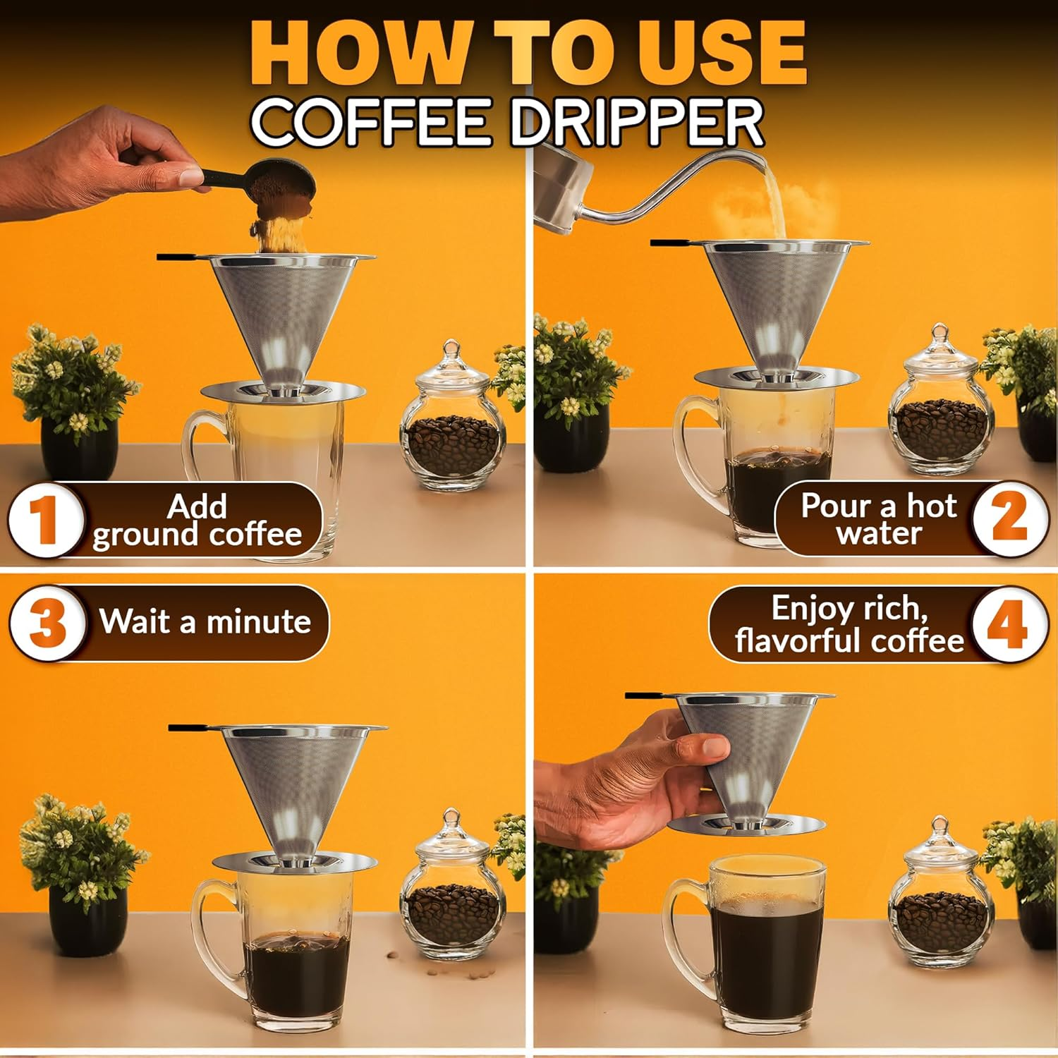 Stainless Steel Pour over Coffee Maker with Cleaning Brush & Non-Slip Silicone Handle - 2 Cups Capacity Stainless Steel Pour over Coffee Dripper with Secure Wide Base, Clean Flavor Paperless image number 6