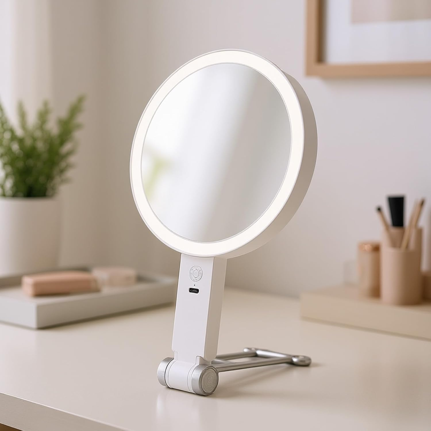 TARSHYRY LED Lighted Makeup Mirror Tabletop, Handheld Magnifying Makeup Mirror, Double Sided 30X/1X LED USB Rechargeable 3 Color Temperature, Foldable for Travel (White) image number 5