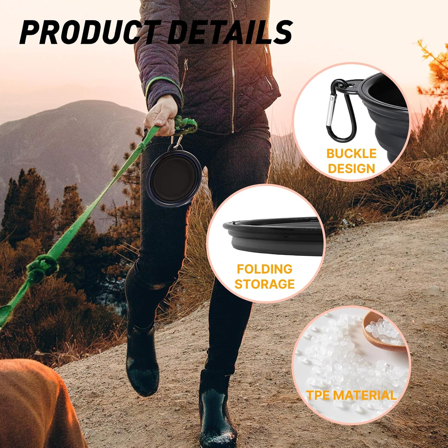 Extra Large Collapsible Dog Bowl, 1000Ml Foldable Travel Bowl for Dogs with Carabiner, Bpa-Free Silicone Food and Water Dish Perfect for Hiking, Camping, and Travel, 17.8Cm, Black XL Size image number 2