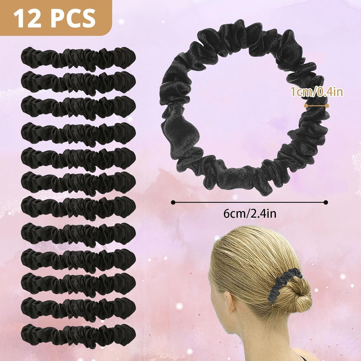 12Pcs Black Satin Scrunchies Hair Ties Bands for Woman Girls, Skinny Silk Satin Hair Scrunchies, Small Ponytail Holders No Damage Breakage for Thin/Thick Curly Long Fine Hair image number 4