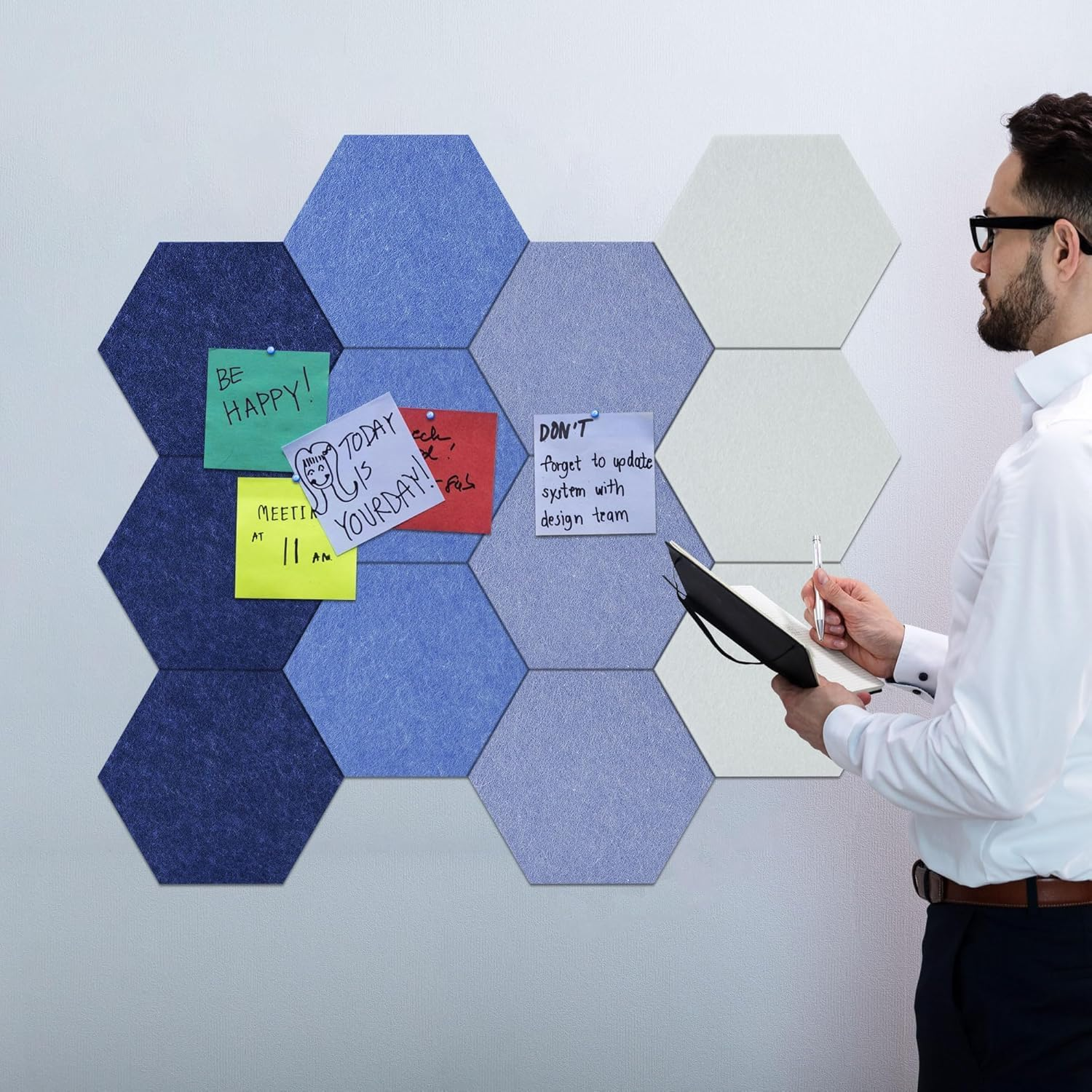 8Pcs Hexagon Felt Cork Board, Felt Wall Stickers Soundproofing Panels, Board for Wall Decor Photos Display, Self Adhesive DIY Bulletin Board Pin Board for Office School Home Wall Decor (Blue Series) image number 2