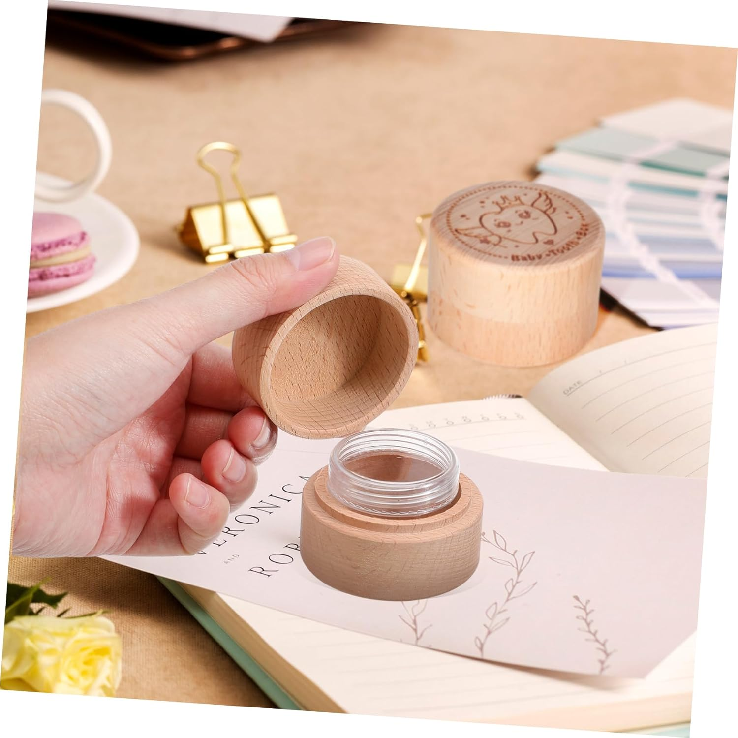 ULTECHNOVO 4Pcs round Wood Storage Box Multipurpose Keepsake Box Lid Tooth for Boys and Girls Decorative Trinket image number 5