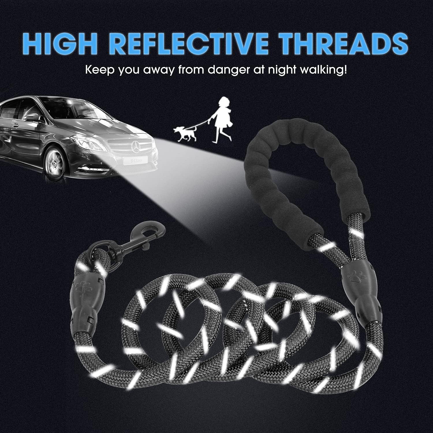 Catchu Durable Dog Leash with Hook, Reflective Design for Night Safety, Comfortable and Long-Lasting -Black image number 5