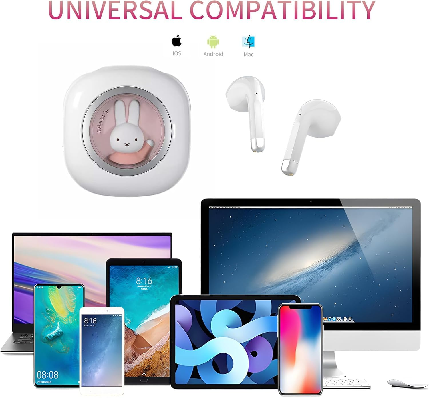 MIPOW X Miffy BT5.3 Wireless Earbuds, Rabbit Design, IPX7, 36 Hours Playtime with Case, AI ENC Noise Cancelling, Sports/Work Earbuds (Pastel Pink) image number 5