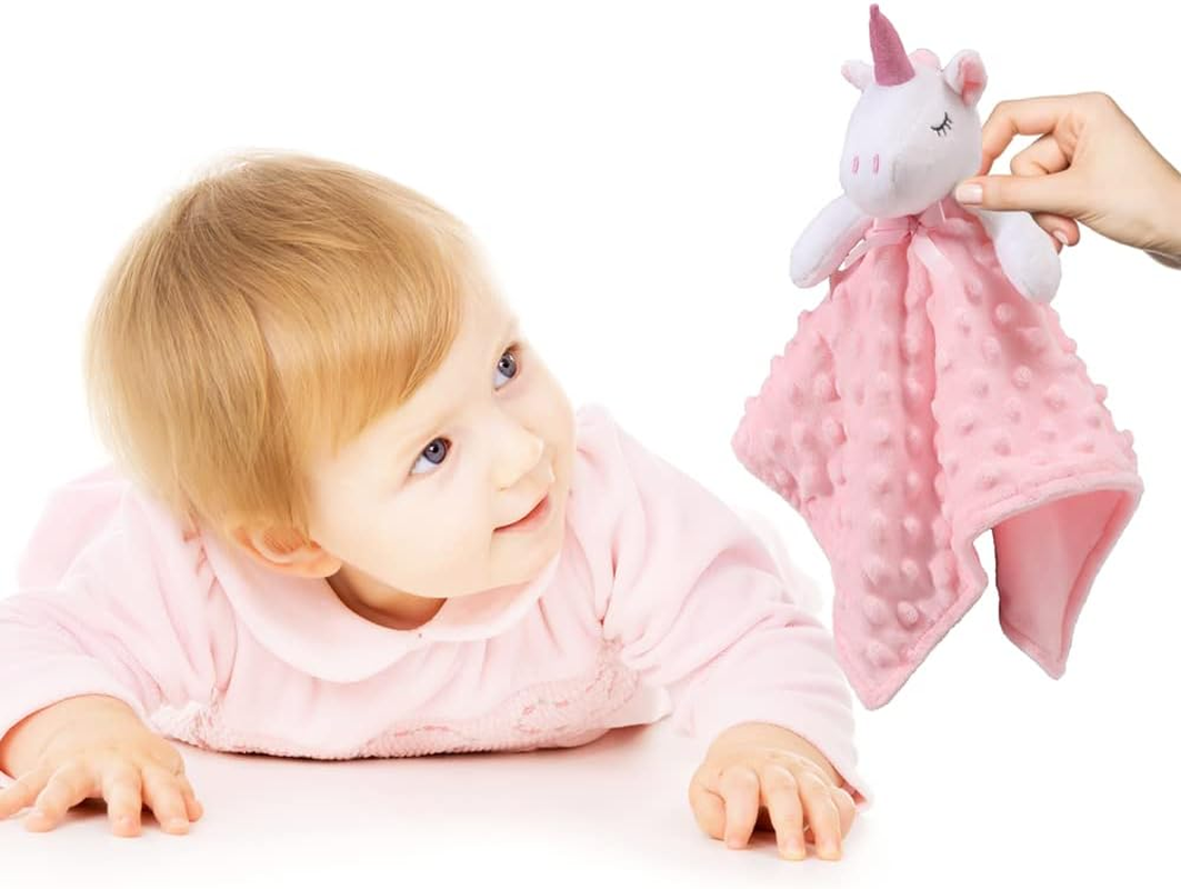 CREVENT Cozy Plush Baby Security Blanket Loveys for Baby Girls, Minky Dot Front + Sherpa Backing with Animal Face (Pink Unicorn + Tag) image number 2