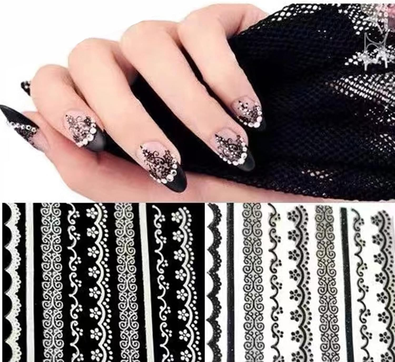 Black Lace 3D Nail Art Sticker Decal - Dots Flower Self-Adhesive Design for Acrylic Decoration - Women'S Manicure Decor - 6 Sheets
