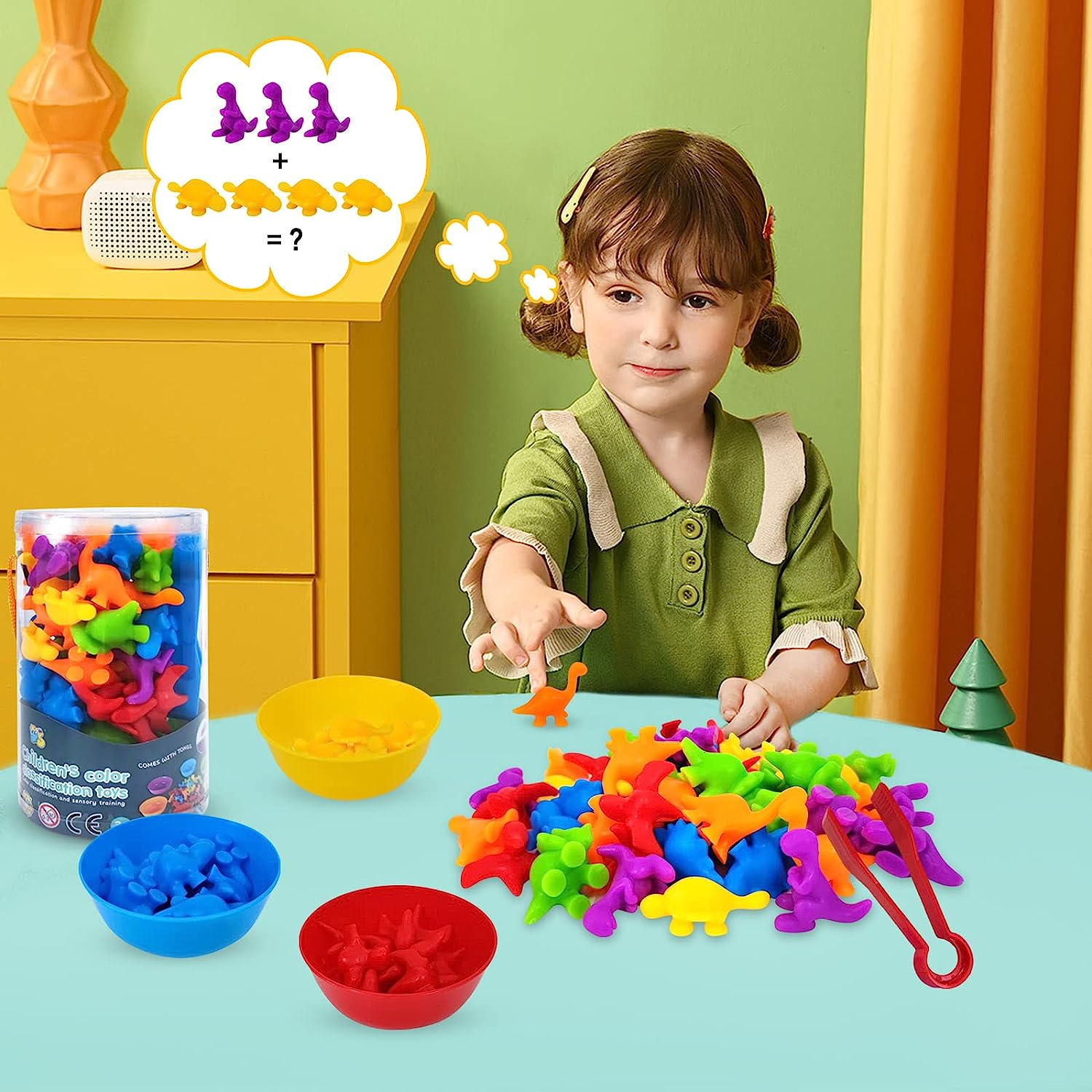 Rainbow Dinosaur Sorting Toy, YEESON 56 Pcs Counting Dinosaurs Toys Set, Dinosaur Counting Matching Game for Kids with Sorting Bowls and Tweezers Suitable for Toddlers and Preschoolers image number 4