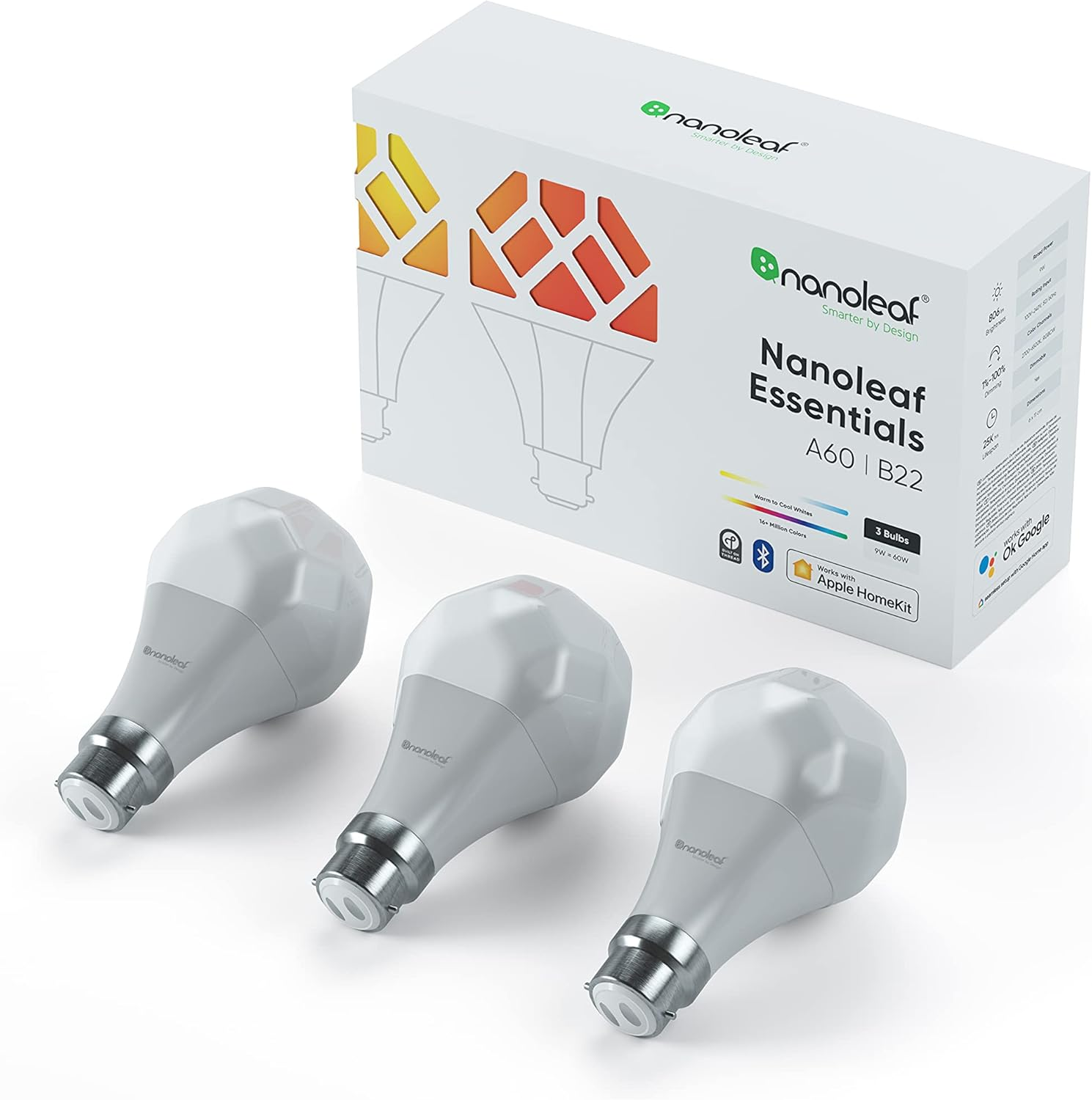 Nanoleaf Essentials B22 LED Bulbs, Pack of 3 RGBW Dimmable Smart Bulbs - Thread & Bluetooth Colour Changing Light Bulbs, Works with Google Assistant Apple Homekit, for Room Decor & Gaming