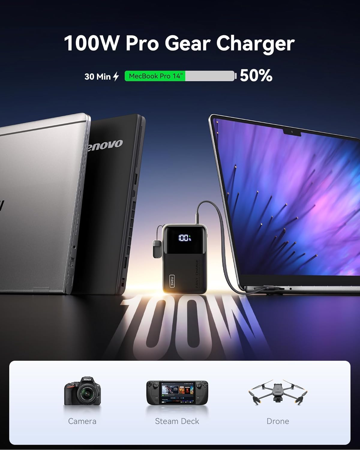 INIU 100W Power Bank, Mini Size 25000Mah High Capacity Laptop Portable Charger, USB C In&Out Tablet Powerbank, Smart Digital Display Phone Charger for Iphone 16 15, Samsung, Ipad, Macbook, Laptop Etc. - Black image number 4