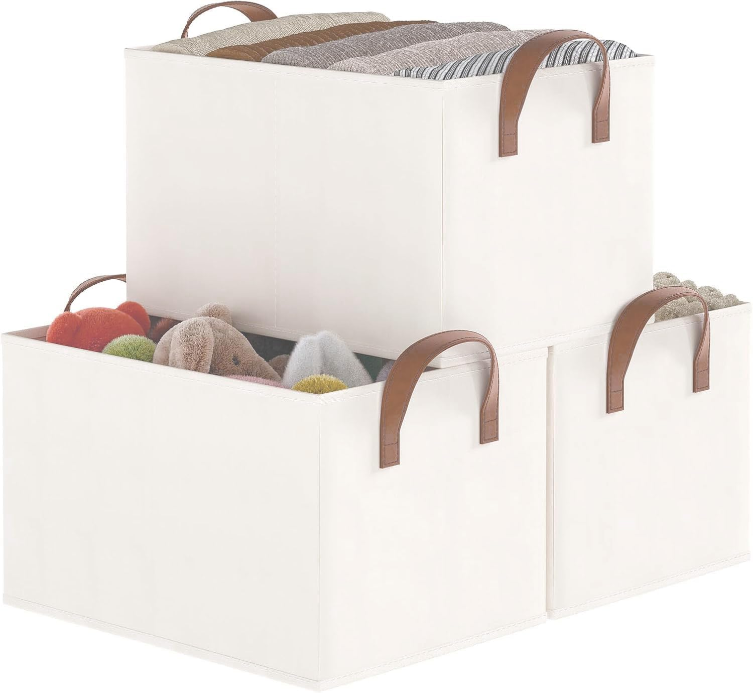 Sawjay Storage Bins for Shelves 47*28*20Cm, 3-Pack Storage Baskets for Closet, Large Linen Organizers and Storage Bins for Bedroom, Collapsible Baskets and Bins with Handles, Beige image number 5