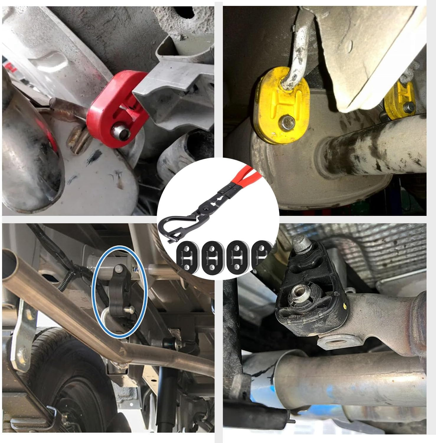 Exhaust Hanger Removal Pliers 1 PCS and 2 Hole Rubber 4PCS, Universal Tool Hangers Insulators Muffler Hanger, for Cars Truck SUV 10" 2/4 Set Isolator Support Exhaust Removal Pliers (5 Pcs)