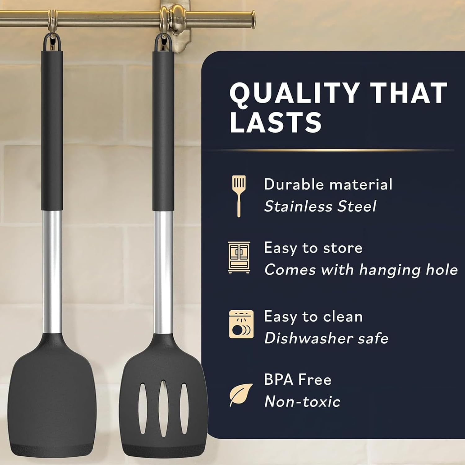 Pack of 3 Silicone Spatula Set Non Stick Slotted Kitchen Spatulas- Stainless Steel High Heat Resistant Solid & Slotted Turner, BPA Free Cookware for Pancakes, Fish, Eggs image number 4