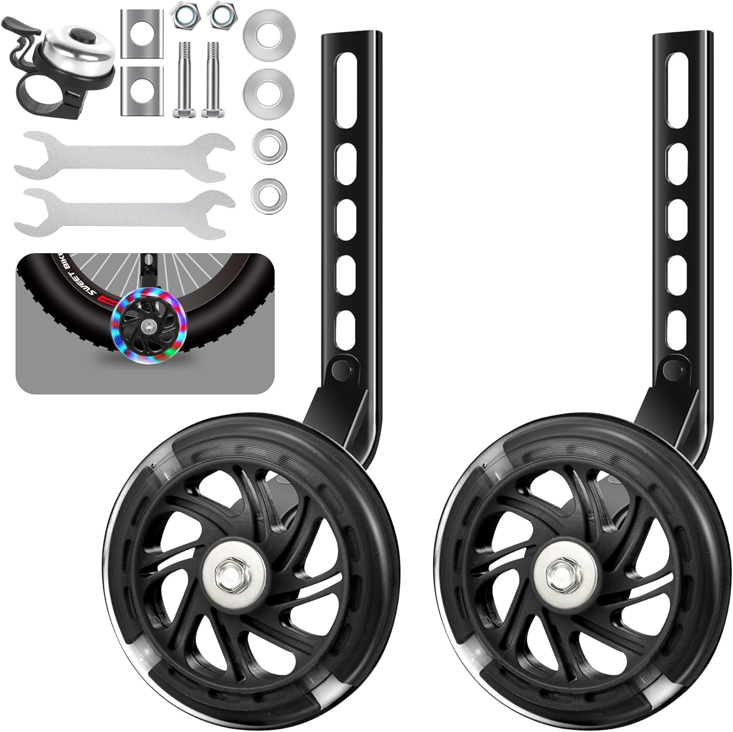 WIOSEIOC Bike Training Wheels,Thicken Stronger Flash Mute Wheel Adjustable Stabilizer Suitable for 12/14/ 16/18/ 20/ Inch Single Speed Bike, Including Mounted Kit