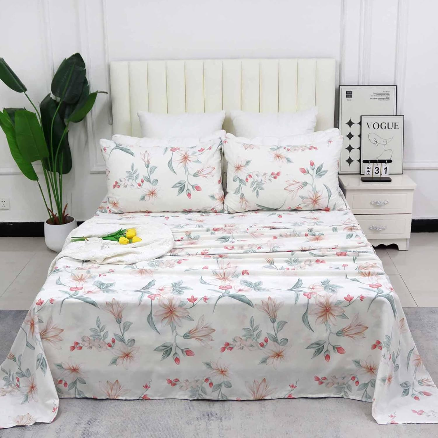 Helthep Floral Sheet Set Twin, 100% Cotton White Floral Printed Sheets Botanical Lily Pattern Sheets Red Chic Flower Green Leaves Luxury Percale Sheet with 17.5" Deep Pocket, Vintage French Bedding
