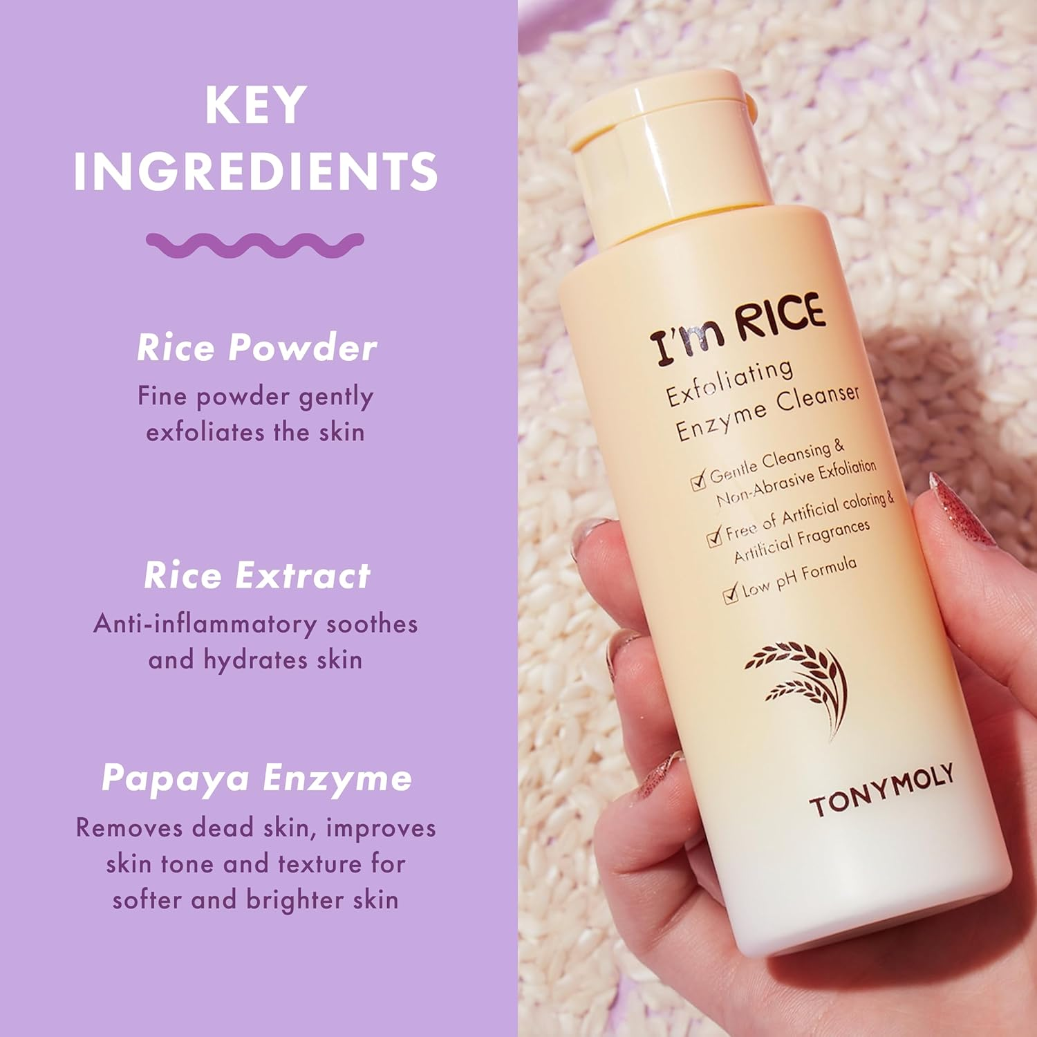 TONYMOLY I'M Rice Exfoliating Enzyme Cleanser, Rice Powder Face Wash, Gentle AHA Cleanser, Papaya Enzyme Scrub & Brightening Mask, Korean Skincare for Smooth Radiant Skin, 50G image number 4