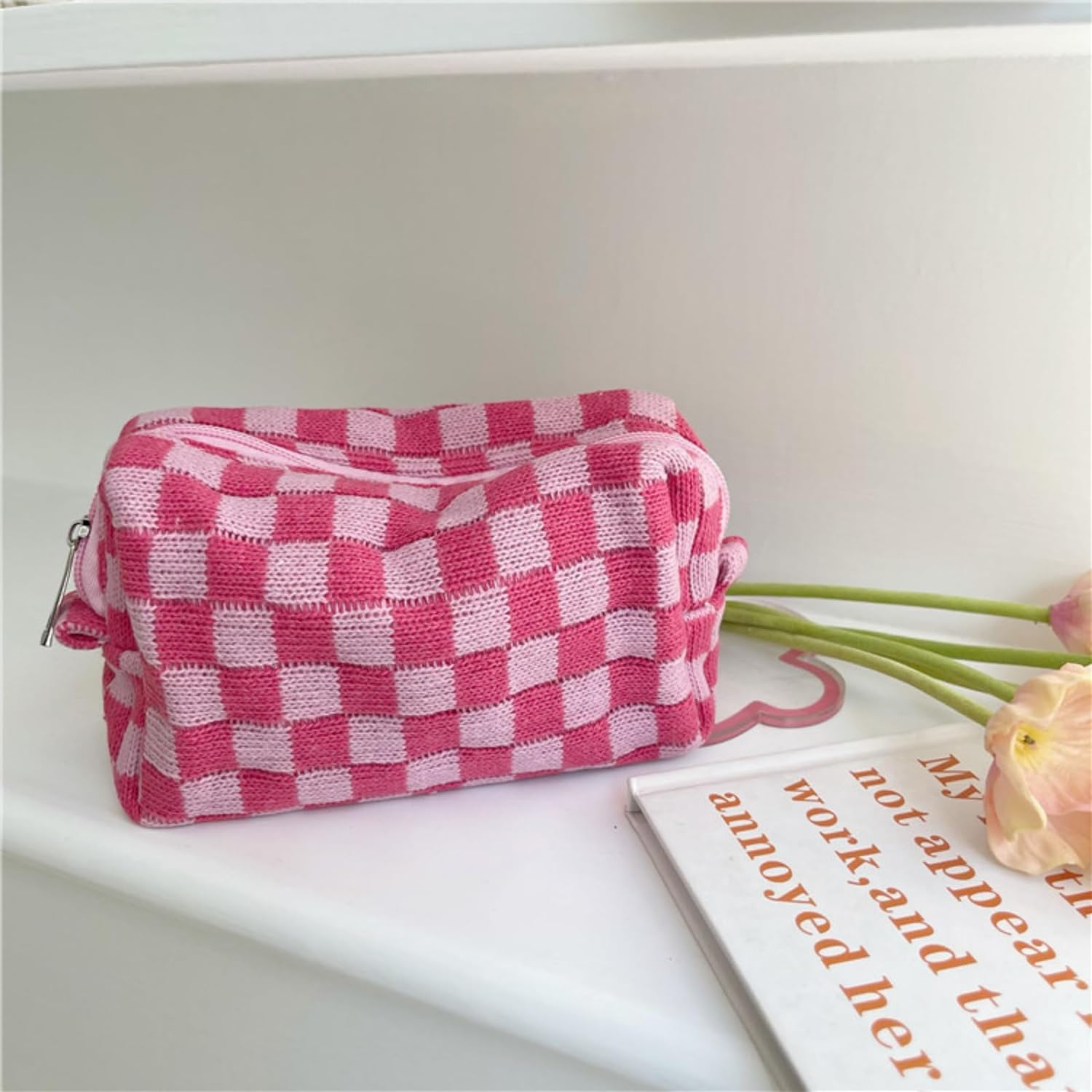Checkered Makeup Bag Cosmetic Bag for Women, Y2K Accessories Aesthetic Purse Cosmetic Bag, JOMWEN Large Capacity Brushes Storage Bag Travel Toiletry Bag Organizer (Pink) image number 5