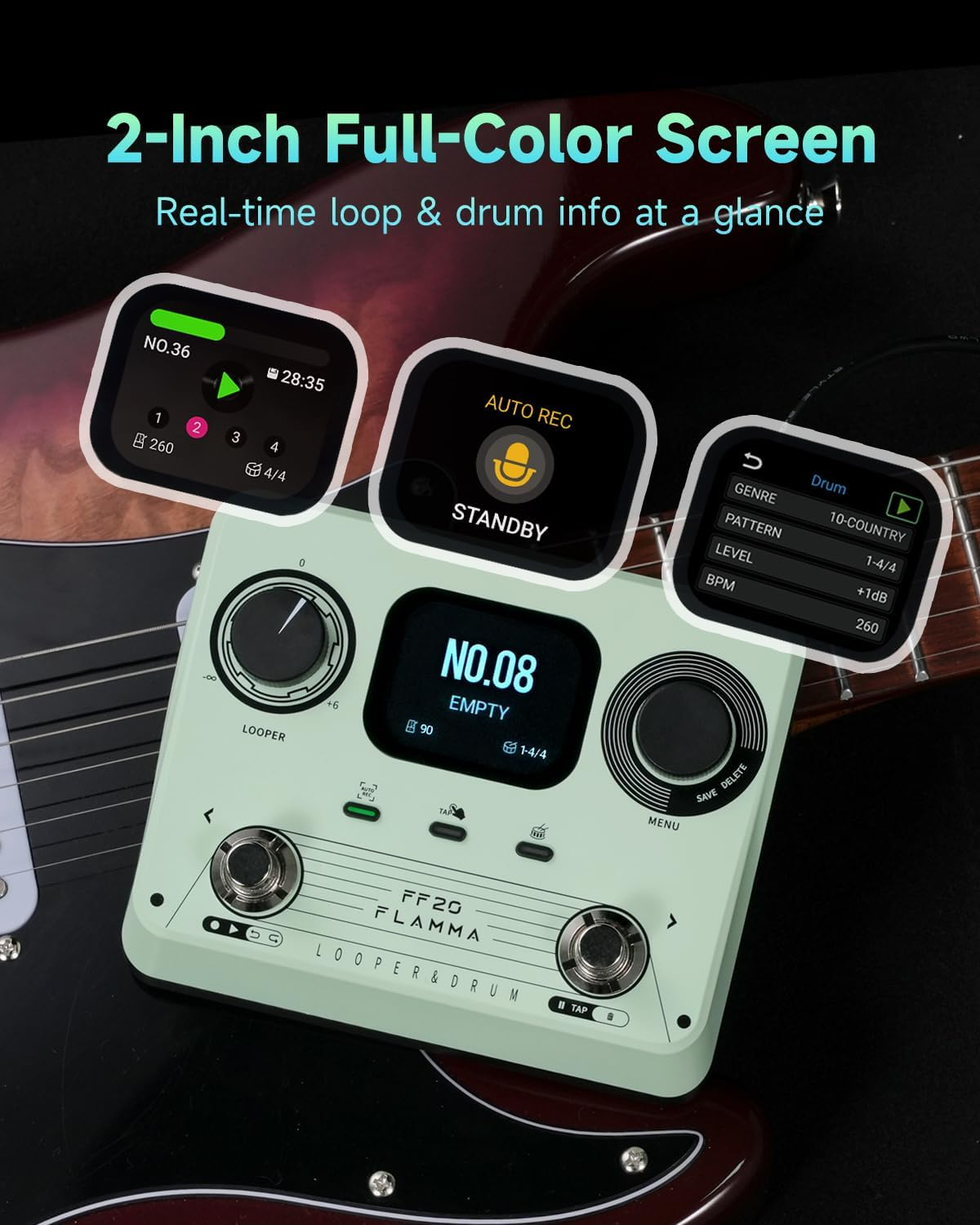 FLAMMA FF20 Looper Pedal Drum Machine, Drum Looper Guitar Pedal with Screen, 300 Min Recording, 220 Drum Grooves, 100 Loop Slots, Time Stretch, Auto Record, USB & Headphone Out, for Guitar and Bass image number 1