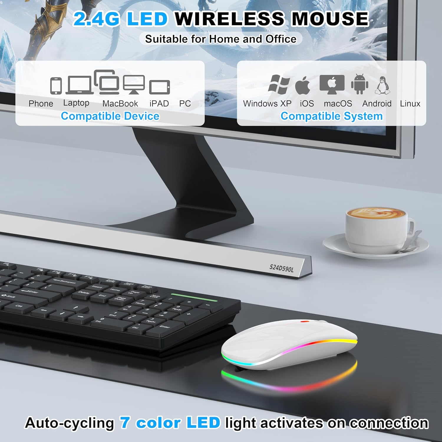 LED Bluetooth Wireless Mouse for Macbook Air Mac Pro Laptop Ipad &ndash;Rechargeable Silent Light-Up Optical Mouse with Jiggler Dual Mode BT5.2 & USB-A/USB-C for Students, Kids, Girls, Boys (White) - Black image number 6