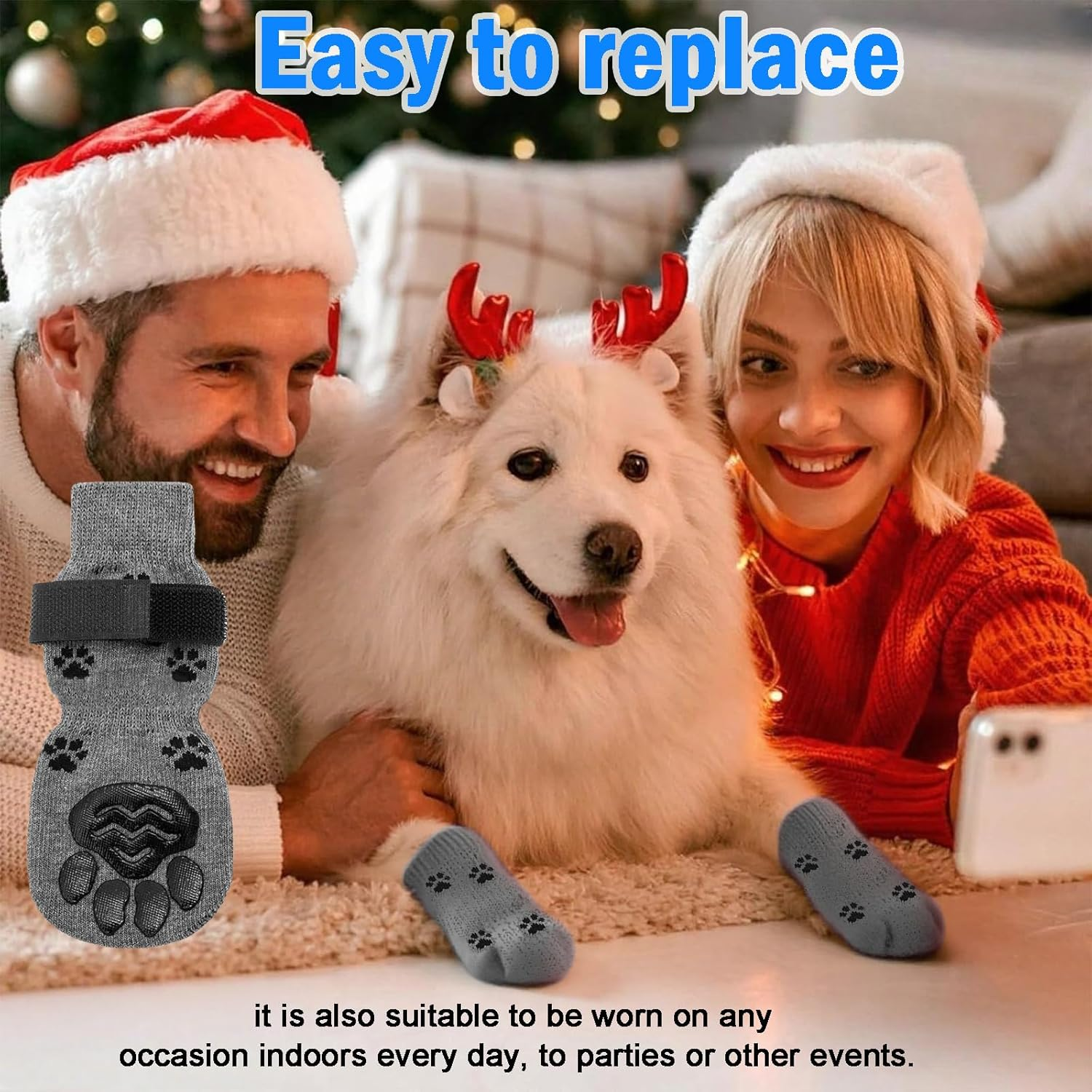 Rylaxzon Non-Slip Dog Socks with Adjustable Straps, Pet Socks, Paw Protectors for Dogs on Hardwood Floors (M)