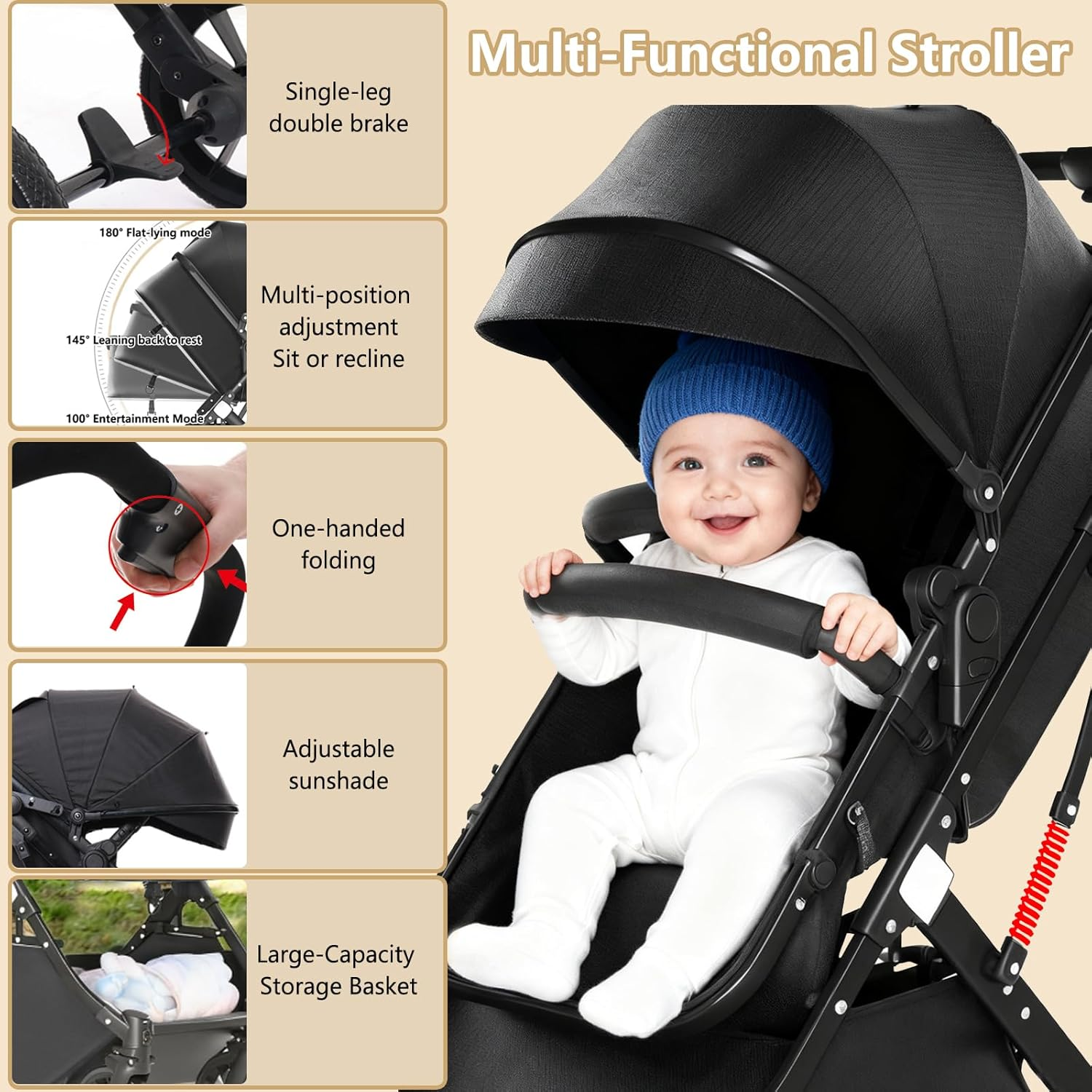 3In1 Aluminium Alloy Pram Baby Stroller, Lightweight Travel Pram for Newborn to Toddler, Adjustable Reclining Seat, Foldable Design, Storage Basket, 5-Point Harness & Sun Canopy, Lightweight Travel Baby Trolley image number 1