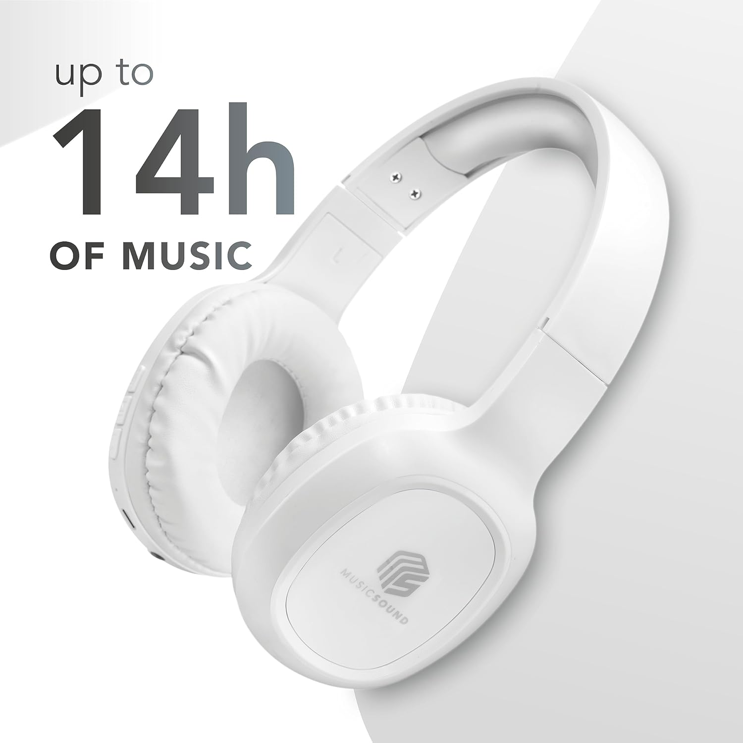 Music Sound | Basic Bluetooth Headphones | Earcup Bluetooth Headphones with Extendable Headband - 8 Hours Battery Life - 2 Hours Charging Time - LED Indicator and AUX Input - White image number 5