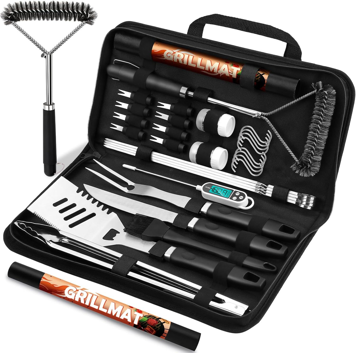 31Pcs BBQ Grill Accessories Set for Men Dad, Heavy Duty Grilling Tools Gifts for Fathers Day, Stainless Steel BBQ Utensils Kit with Mats, Grill Brush in Carrying Bag Brown