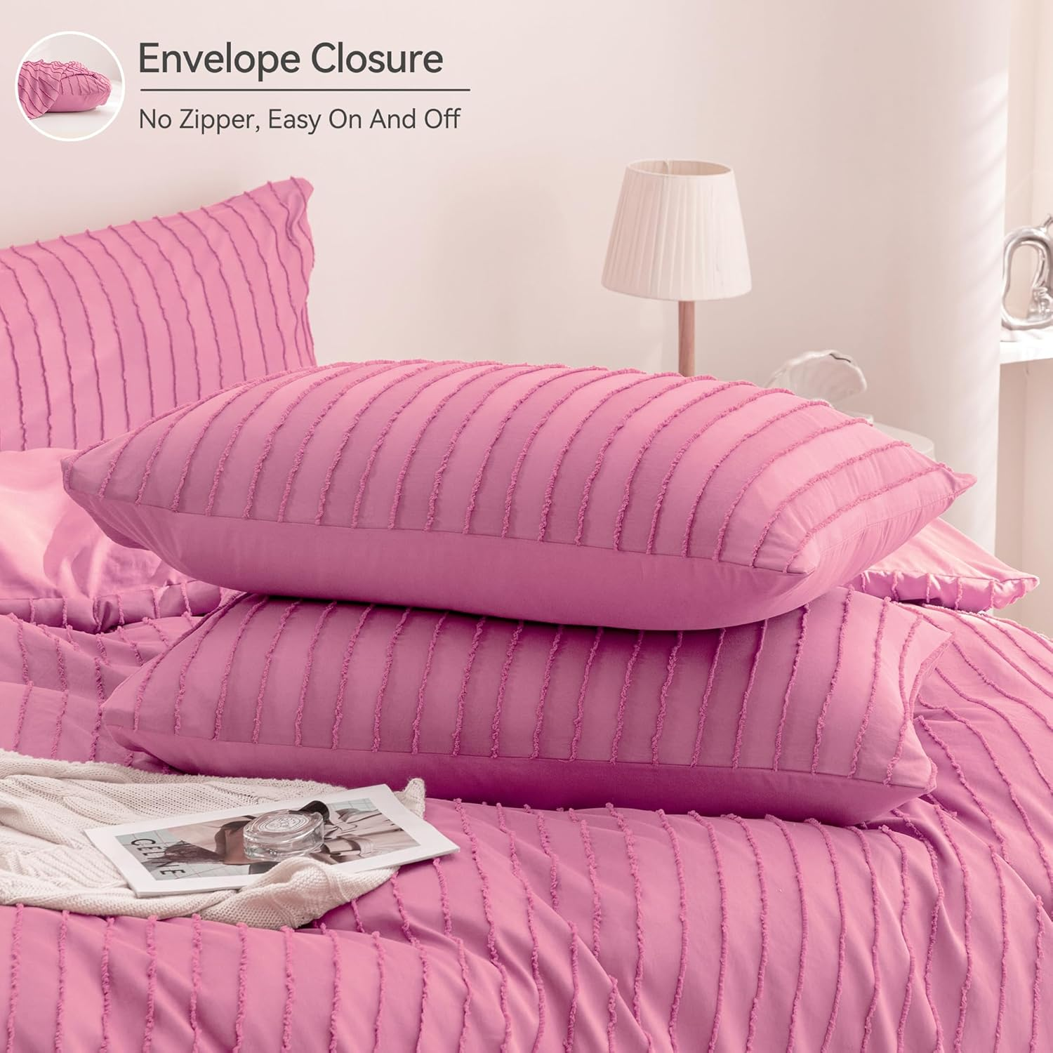 JELLYMONI Barbie Pink Duvet Cover Queen Size - 3PCS Microfiber Tufted Duvet Cover Set, Boho Striped Tufted Textured Duvet Cover with Corner Ties & Zipper Closure image number 3
