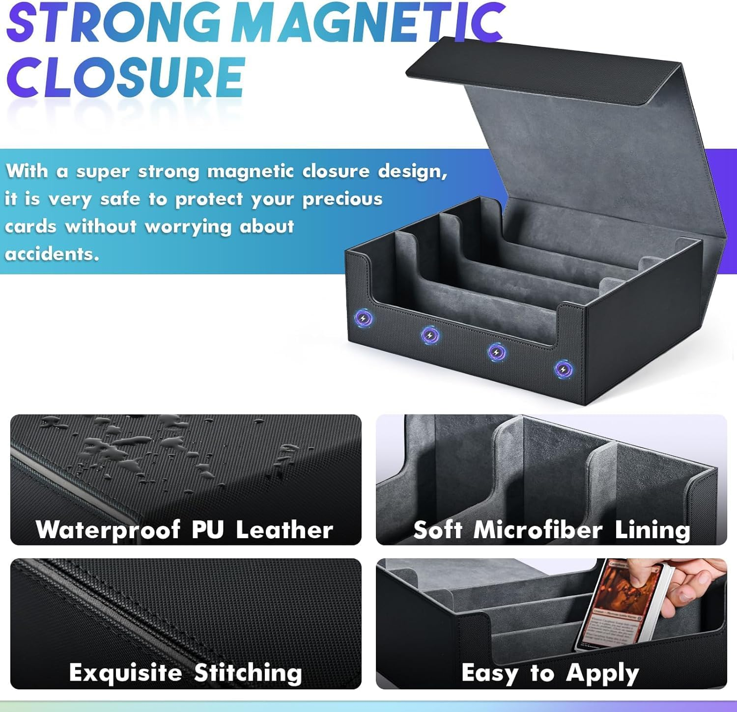 PU Leather Card Deck Case Organizer for Trading Cards, Commander Guard Card Holder 1800+ Card Storage Box, Magnetic Closure Suitable for Game, Sport, TCG, Pokemon Cards -Black image number 2