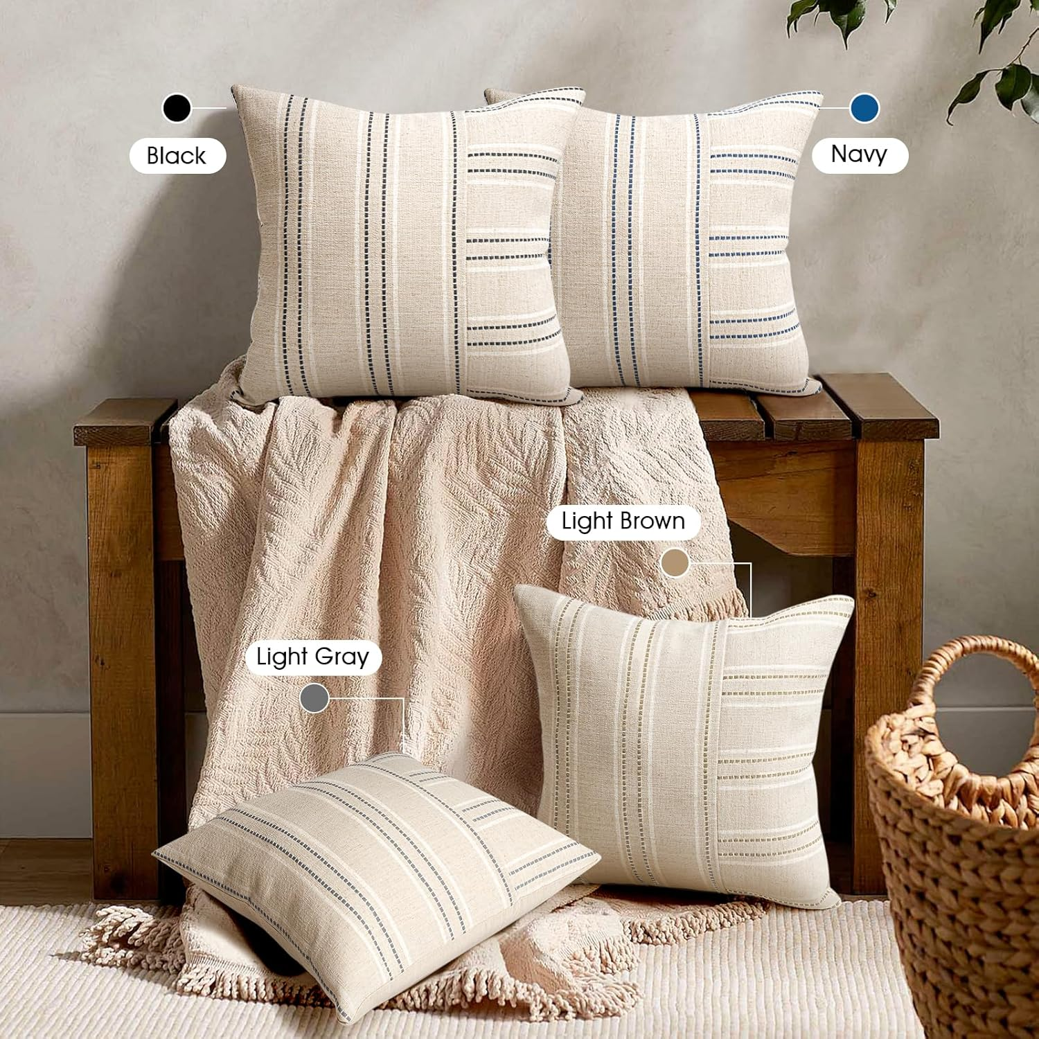 AELS 18X18 Decorative Farmhouse Linen Throw Pillow Covers, Boho Textured Pillow Case, Set of 2, Beige with White & Black Stripe Patchwork Cushion Cover for Sofa Couch Living Room (Cover ONLY) image number 6