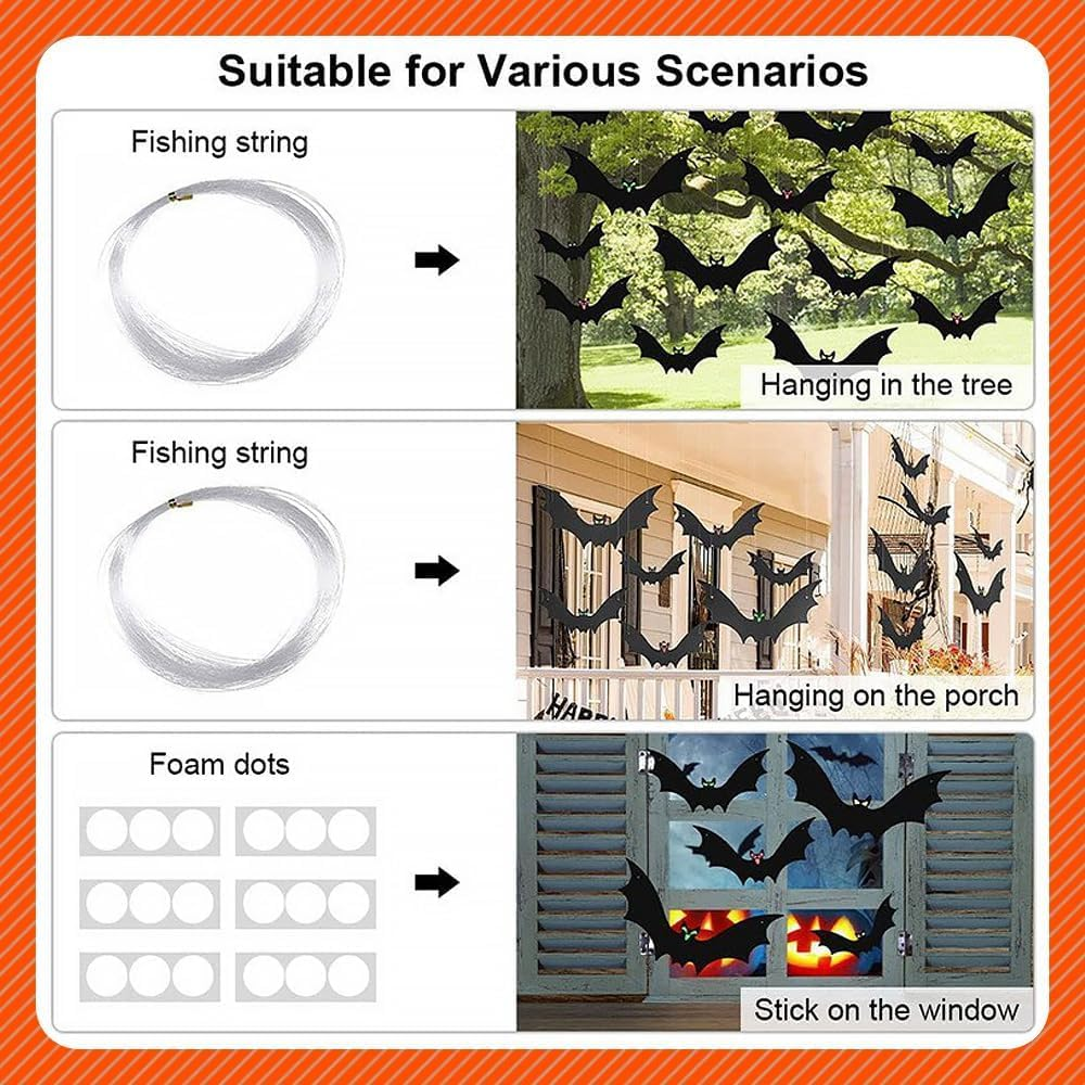 18 PCS Halloween Hanging Bat Decorations: Luminous Eyes & 3D Realistic Scary Styles, 3 Different Sizes Large Fake Black Flying Bats for Yard, Party, Indoor & Outdoor Lawn Decorations image number 4