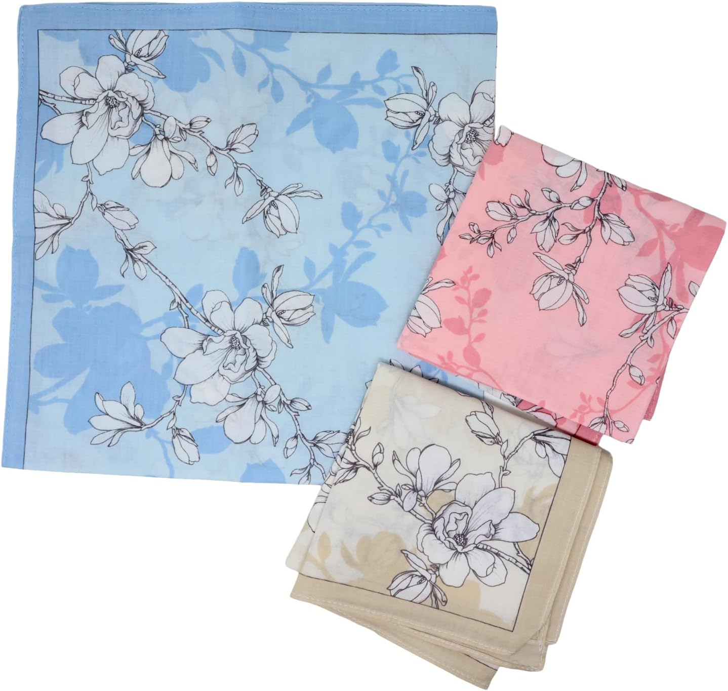 Yueton 3PCS Beautiful Floral Printing Handkerchief Soft Cotton Handkerchief Women Hankies, Three Colors, Three Colors