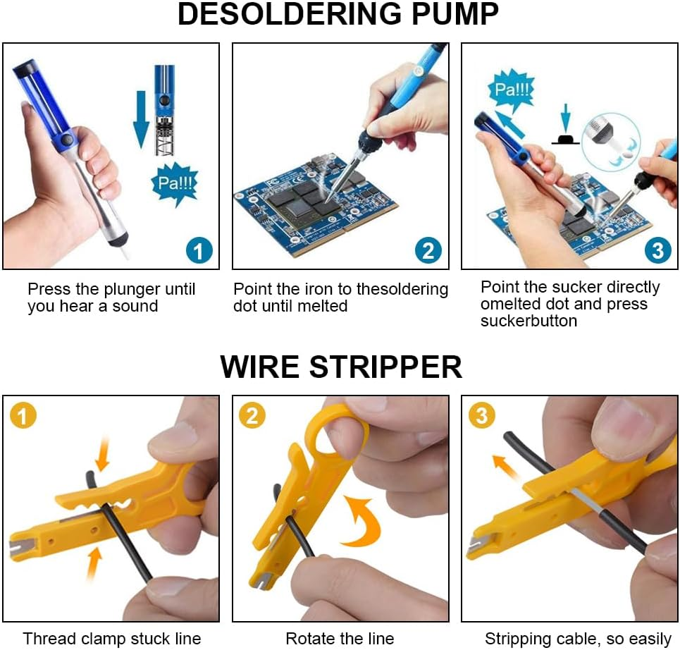 60W Soldering Iron Kit, 15 in 1 Soldering Kit, Adjustable Temperature Soldering Iron. Electric Welding Tool, with 5 Soldering Iron Tips, Mini Wire Stripper, Solder Tube, Soldering Iron Stand, Tweezers image number 4