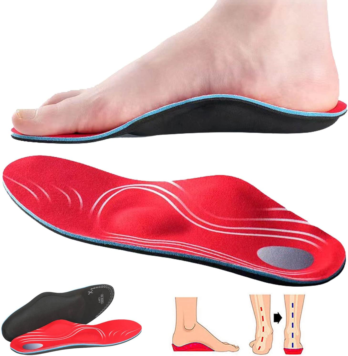 Orthotic Insoles for Shoes with Arch Support for Men and Women, Sports Inserts with Shock-Absorbing Gel for Relief from Flat Feet, Plantar Fasciitis, Foot Pain, and Heel Pain (Darkblue, S)