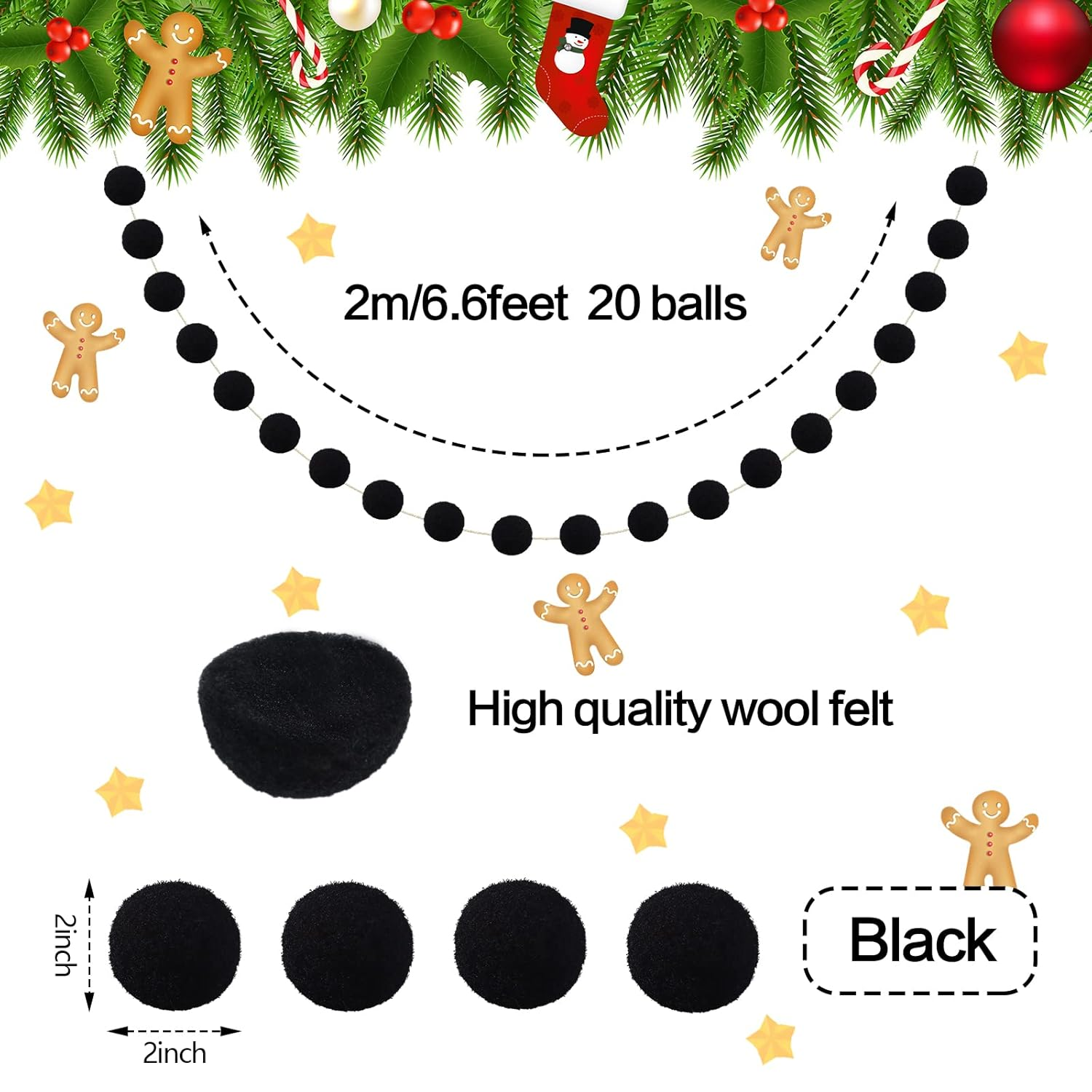 Tegeme 4 Pieces Felt Pom Poms Garland Ball 6.6Ft Hanging Banner Ball Garland for Wall Decoration Festivals Room Home Wedding Birthday Party(Black) - White image number 3