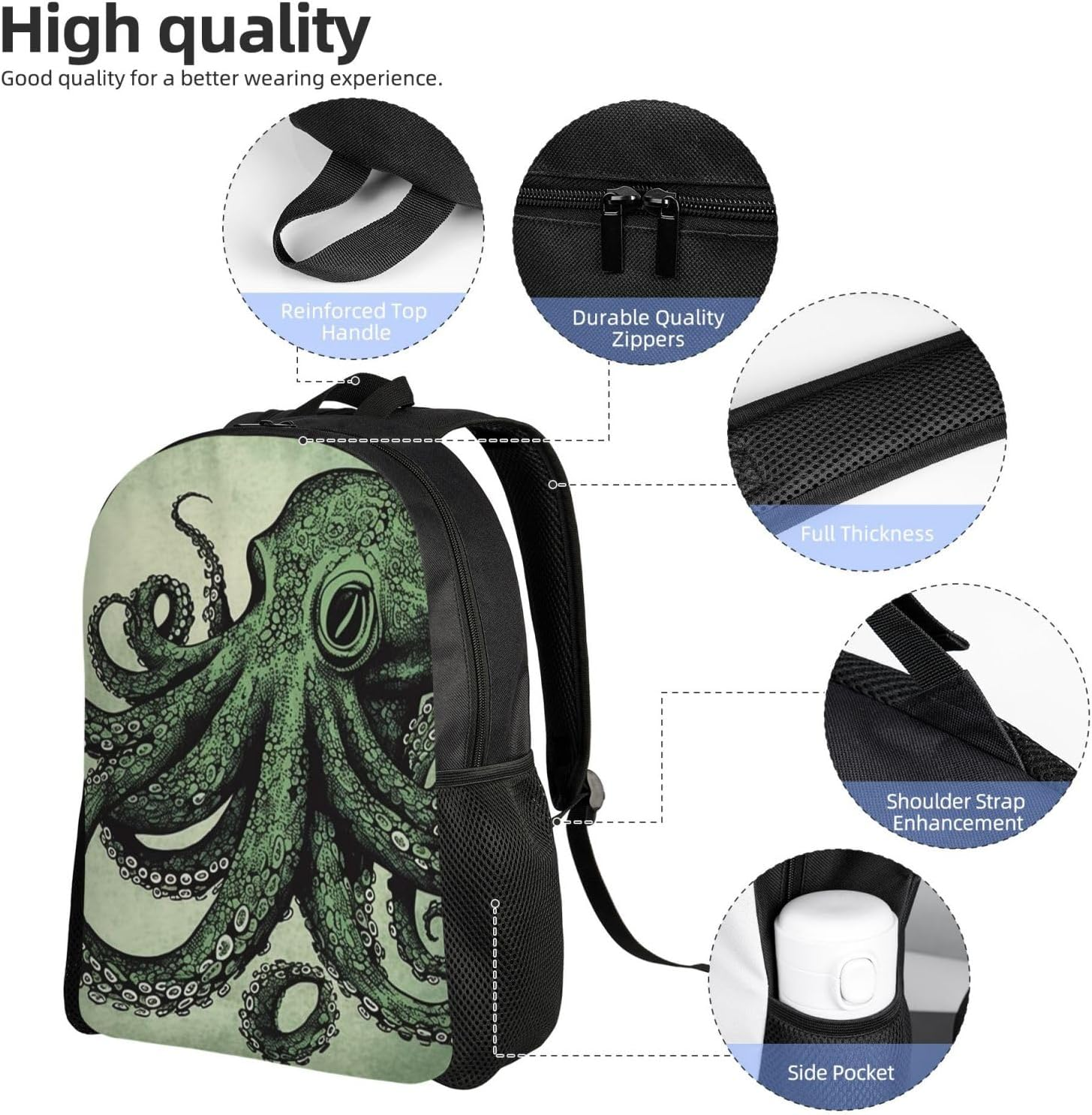 FJWSLCH Green Octopus Backpack for Women Men Laptop Backpack 16.1 Inch Computer Bag Casual Daypack for Travel, Black, One Size, Travel Backpacks image number 2