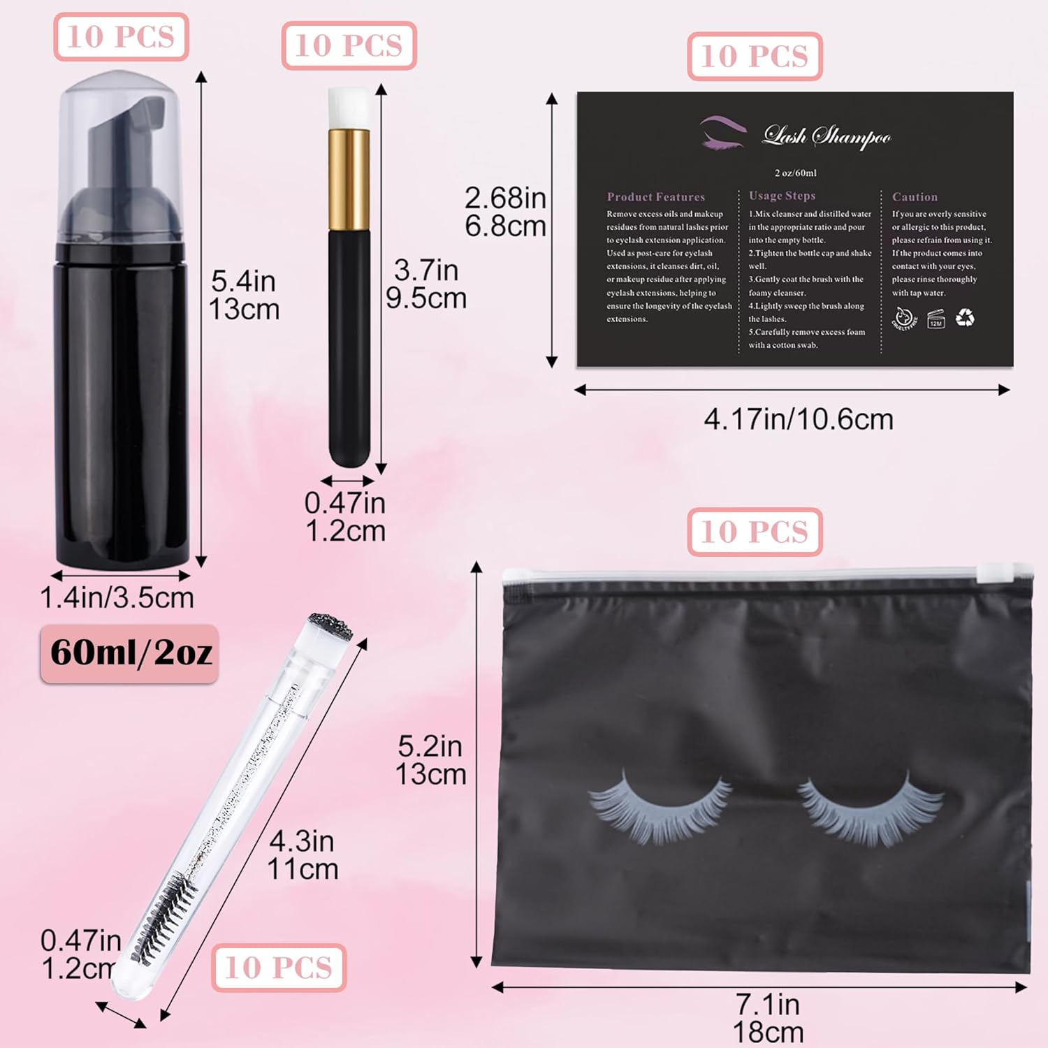 50 Pcs Lash Extension Cleaning Kit for Clients Eyelash Lash Aftercare Kit,10 Pcs Lash Brushes for Cleansing,10 Pcs Eyelash Cleaning Brush with Tubes,10 Pcs Lash Bottles Foam Pump,10 Pcs Eyelash Aftercare Bags,10 Pcs Lash Shampoo Label Stickers for Bottle (Black) image number 6