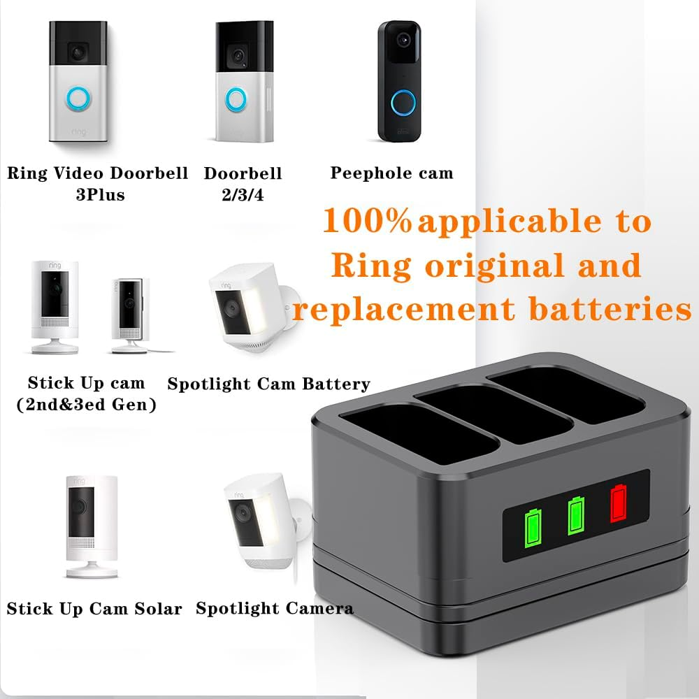 3-Slot Charger/Charging Dock, Suitable for Ring Doorbells and Camera Batteries,With LED Display,Compatible with Video Doorbell 2/3/4/3Plus/Spotlight Cam/Peephole Cam - Black-2 Slots image number 4