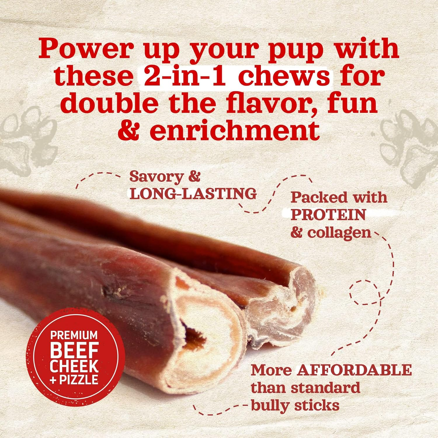 Natural Farm Power Bully Sticks Dog Chews (6&rdquo;, 5-Pack), 2-In-1 Power Chews: Premium Beef Cheek Wrapped in Beef Pizzle, Long-Lasting, Great Dog Dental Treats Fro Small, Medium & Large Dogs image number 1