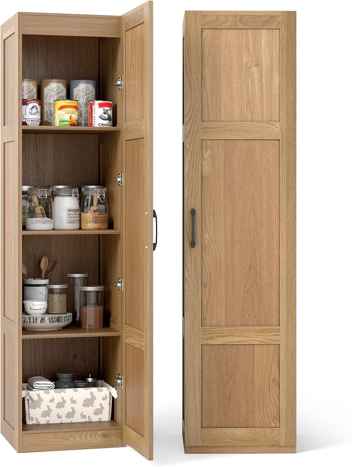 Giantex 150 Cm Tall Storage Cabinet, 4-Tier Freestanding Floor Cabinet with Door, Narrow Pantry Organizer for Dining Room, Kitchen, Utility Room, Living Room and Bathroom (Natural)