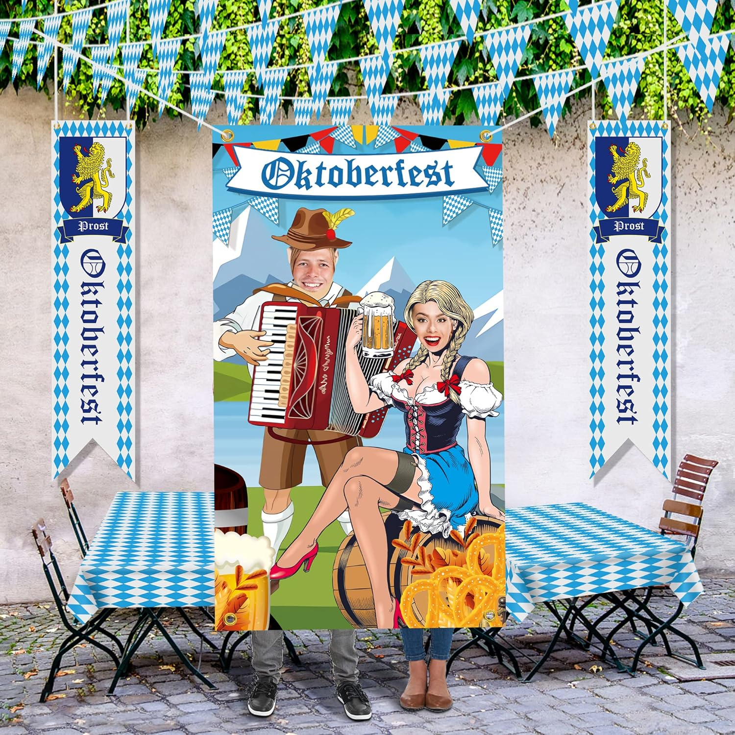 Oktoberfest Decorations, 5Pcs Octoberfest Party Decor Kit Bavarian Tablecloths Oktoberfest Flags Sign Banner Photo Backdrop, Octoberfest Home Yard Favor Decor Set for German Themed Beer Festival Party
