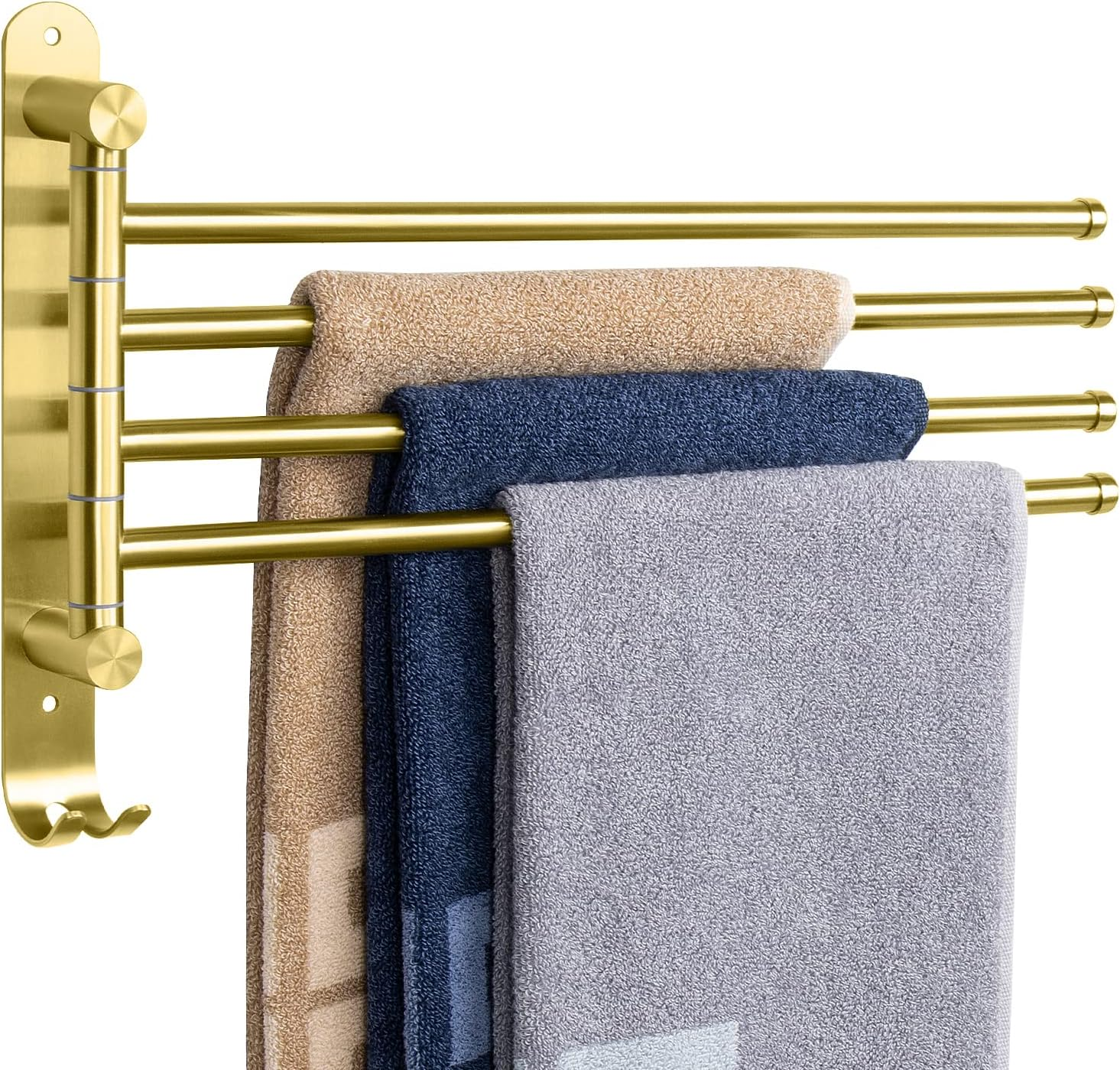 Nearmoon Swivel Towel Rack, Thicken SUS304 Stainless Steel 4-Arm Towel Bar, Space Saving Wall Mounted Towel Holder with Hook, Rustproof Swing Out Towel Hanger for Bathroom, Kitchen (Brushed Nickel)