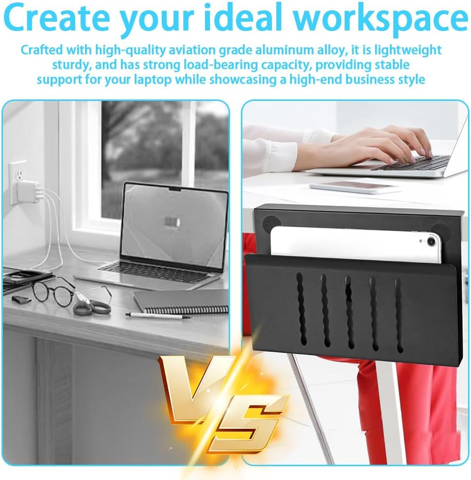 Desk Side Storage,Hanging Desk Organizer,Desk Storage Holder,Desk Shelf,Cable Management Tray,Laptop Stand,Metal Laptop Mount,For Office or Home,Easy to Use(Black) image number 5