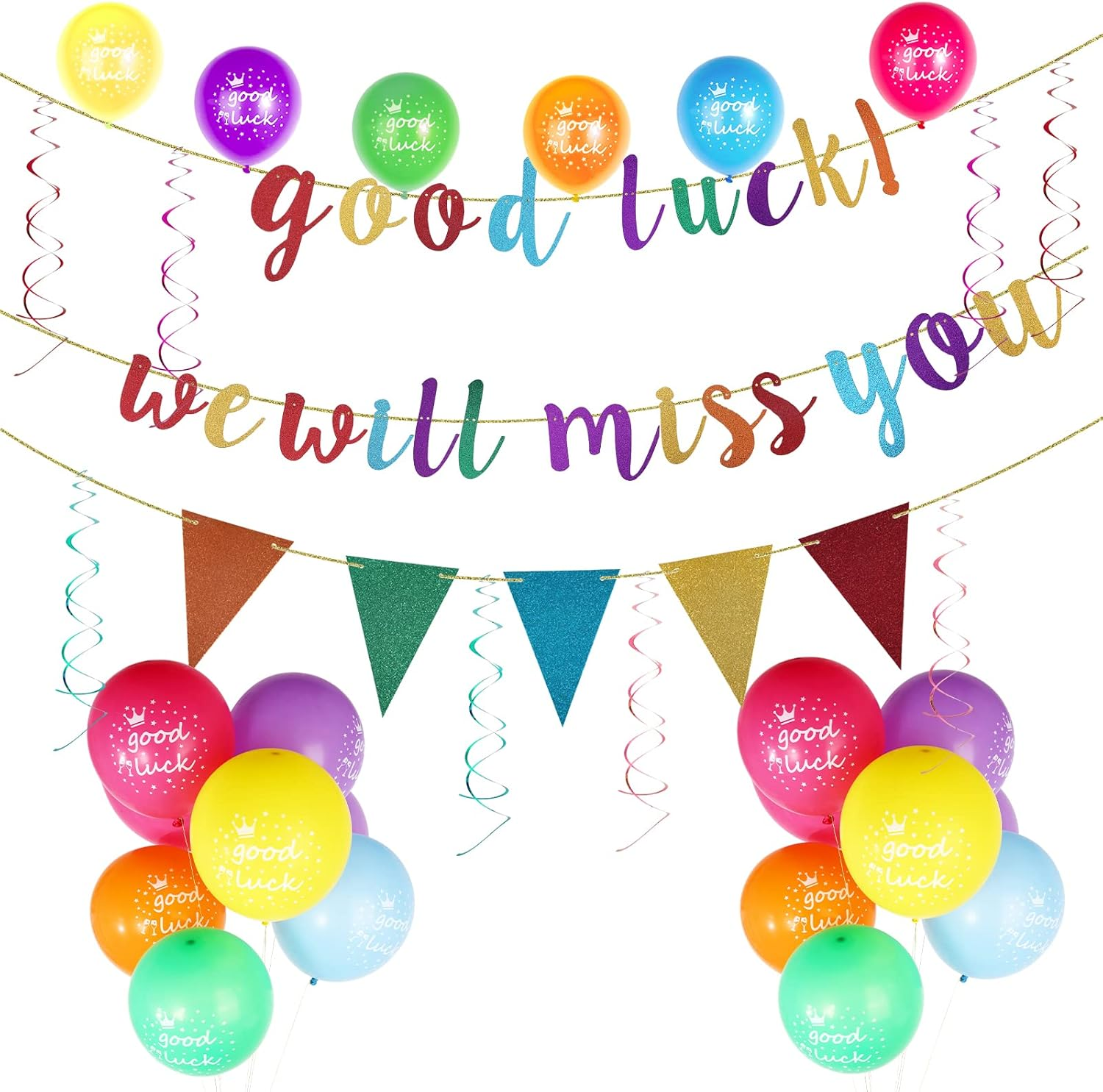 Retirement Decorations, Good Luck We Will Miss You Banner Party Balloons Farewell Banner Triangle Going Away Party Decorations for Coworker Friends Graduation Men Women (Colorful) image number 1