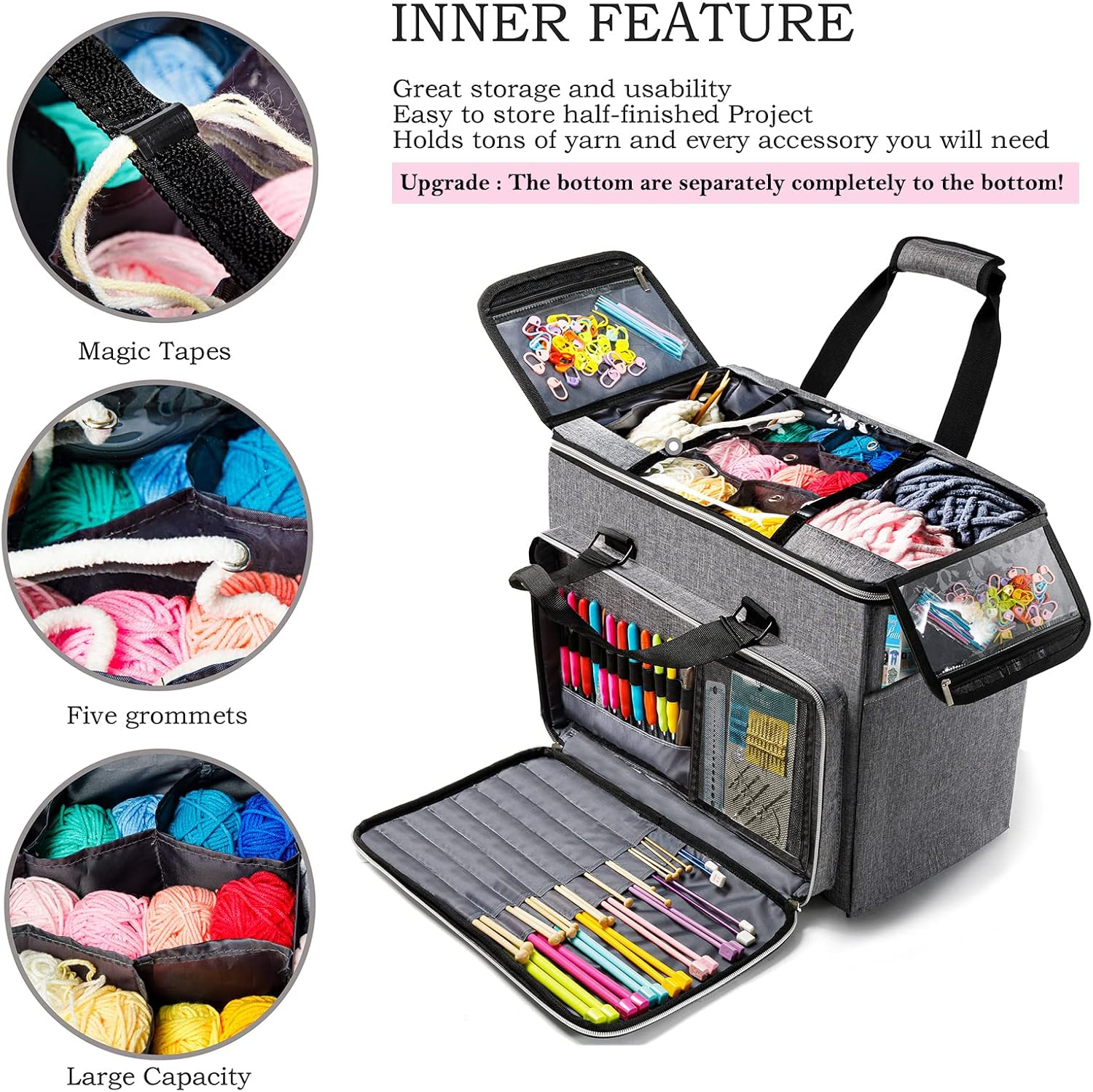 Knitting Bag, Large Yarn Storage Organizer, Crochet Bags and Totes, Yarn Bags for Crocheting, Yarn Holder Case for Knitting Needles, Crochet Hooks, Knitting Accessories, Unfinished Project, Grey. image number 4