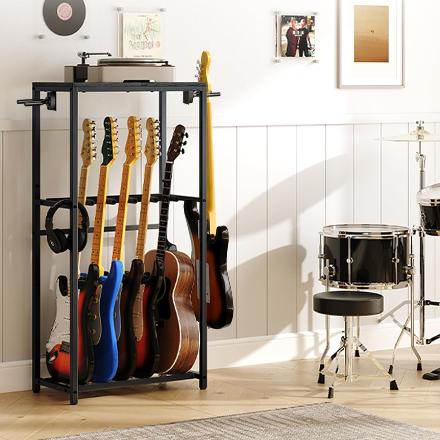 Guitar Stand, Multiple Rack Holder for Acoustic, Electric, Bass, Ukulele - Adjustable Floor Stand, Amp Accessories for Home Music Studio, Black GSHB6501 image number 4