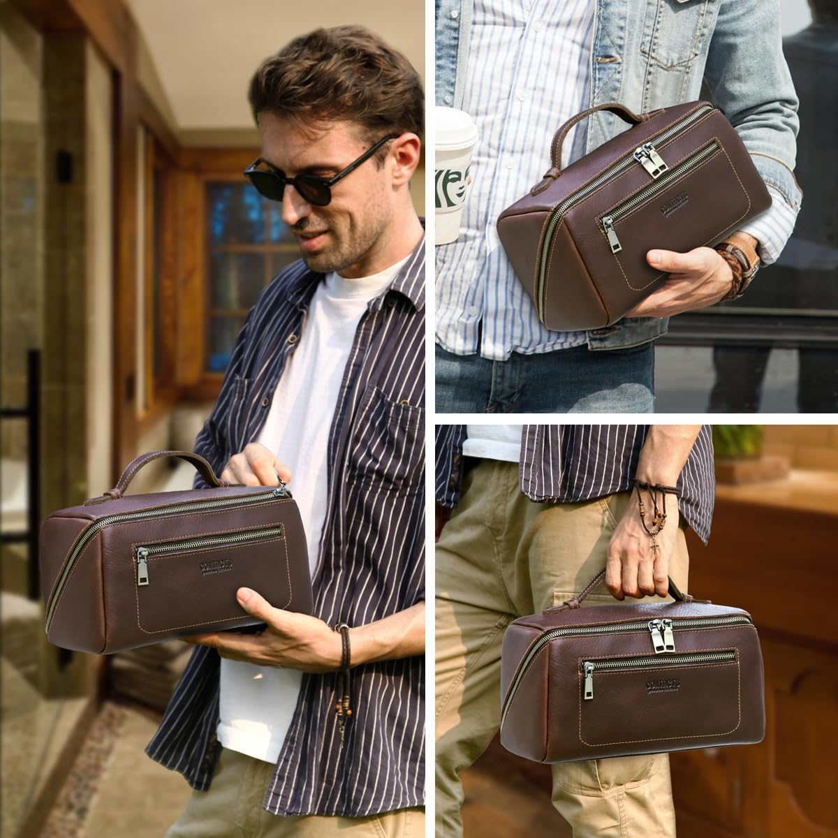 CONTACTS Full Grain Leather Travel Toiletry Bag for Men Large Wash Bag with Handle Bathroom Shaving Dopp Kit Toiletries Organizer Vintage Cosmetic Bag image number 1